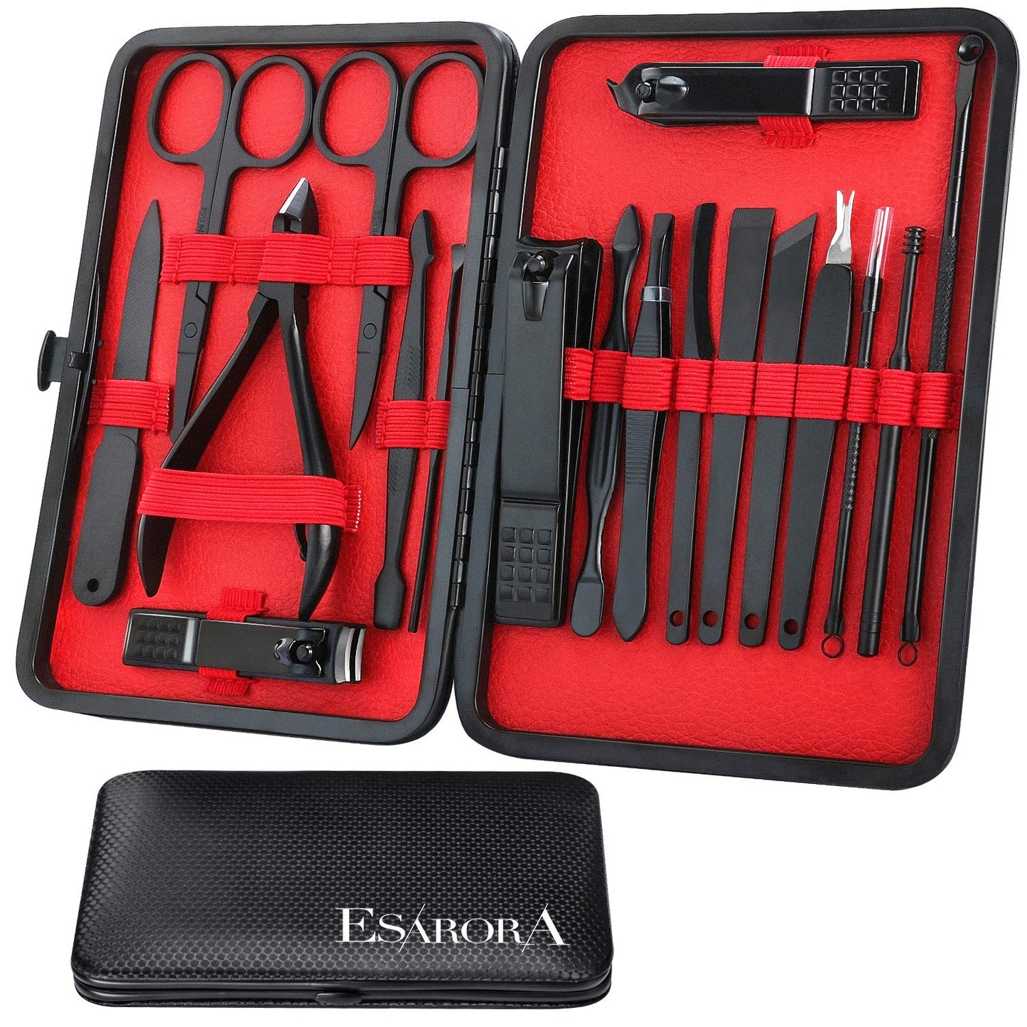 ESARORA Manicure Set, 18 in 1 Stainless Steel Professional Pedicure Kit Nail Scissors Grooming Kit with Black Leather Travel Case