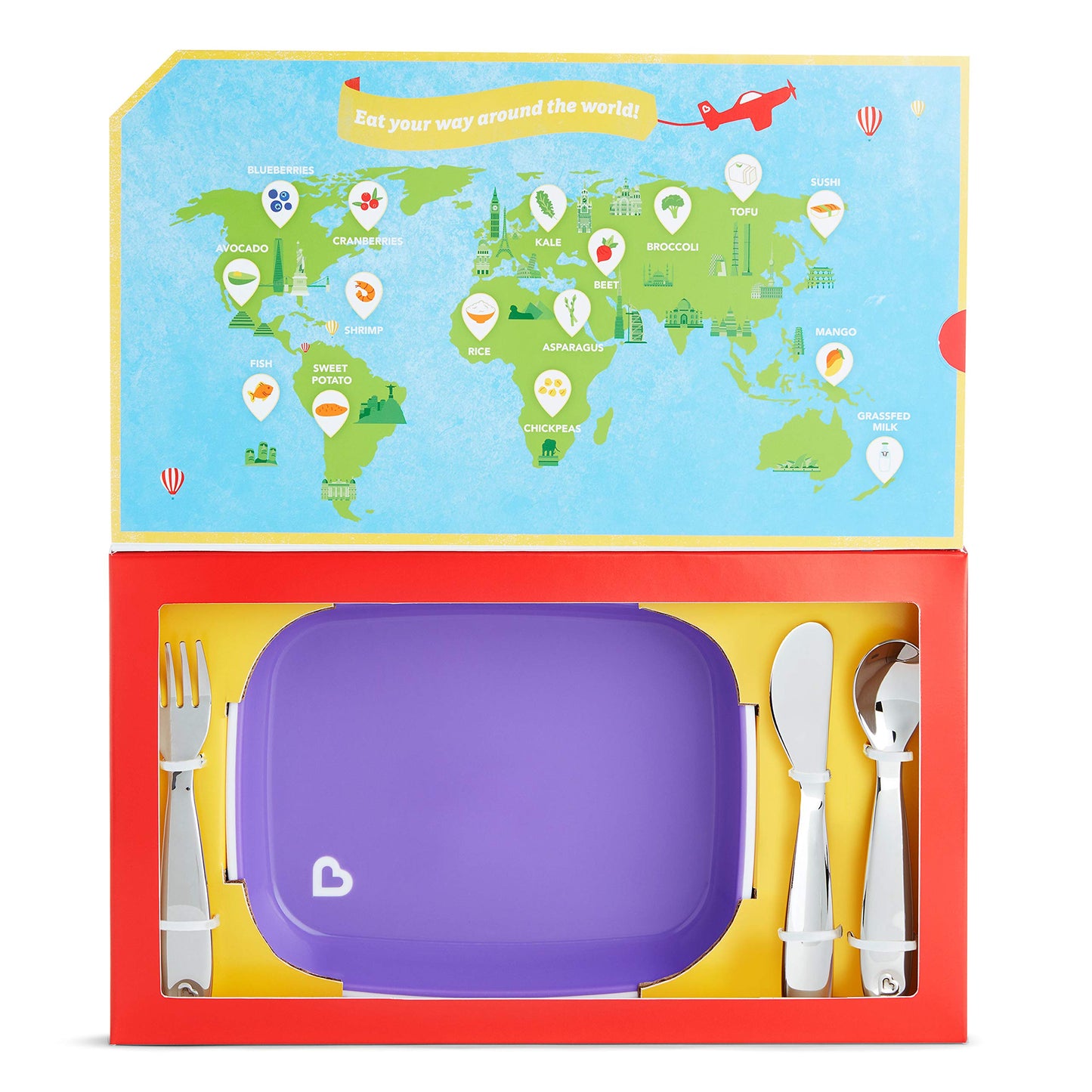 Munchkin® Food Adventure Splash™ Toddler Dining Set, includes Plate and Stainless Steel Utensils, Purple, Gift Set