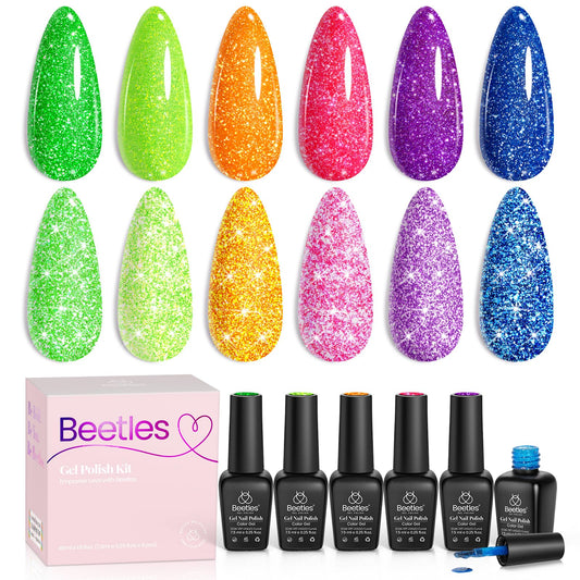 Beetles Reflective Glitter Neon Gel Polish Set Summer 6 Colors Gel Nail Polish Set Nails Gel Blue Hot Pink Purple Soak Off Uv Led Gel Nail Polish Kit Nail Gift for Her