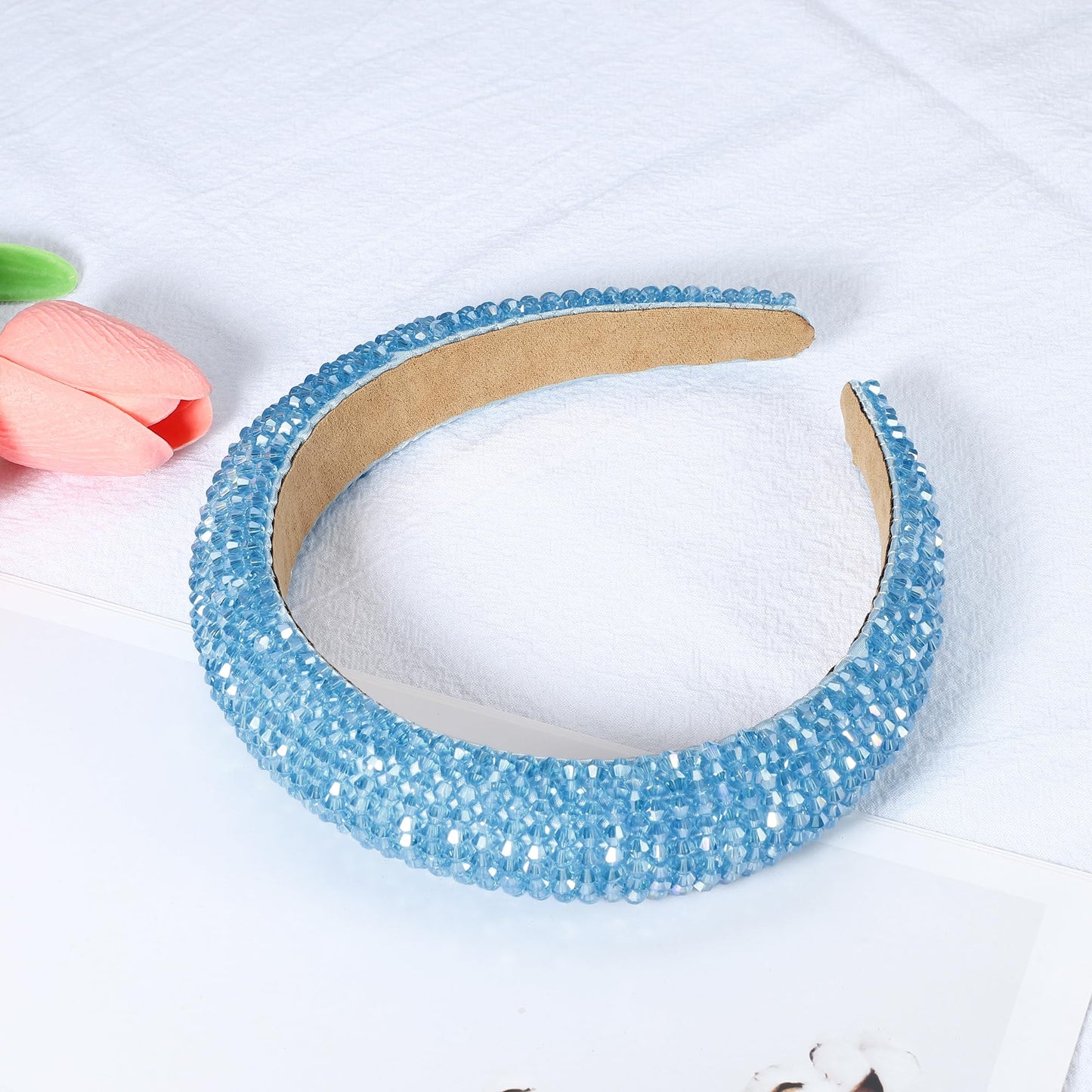 VOCOSTE Rhinestone Headband, Bling Padded Hairband Sparkle Faux Crystal Headbands Hair Accessories for Women, Sky Blue, 1.18 Inch Wide