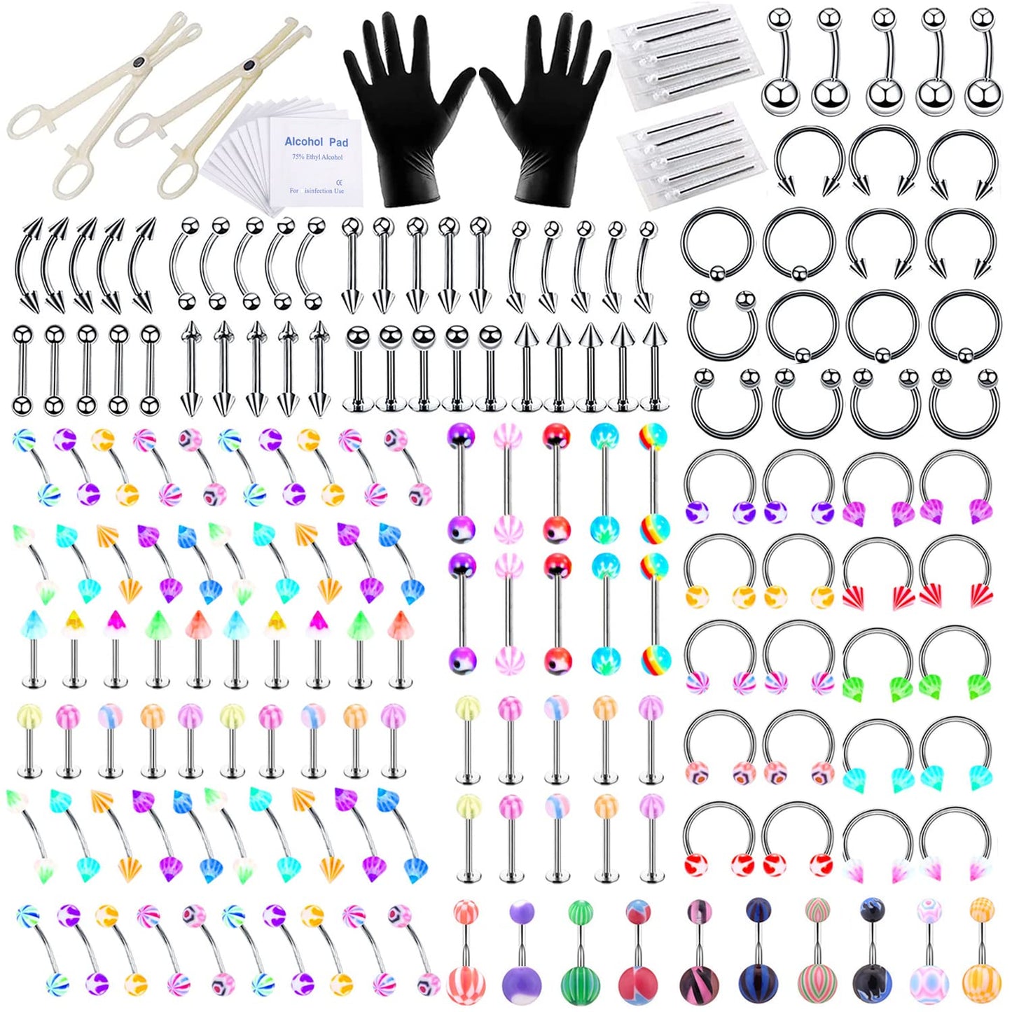 Howinn 194PCS Professional Piercing Kit Stainless Steel Acrylic Piercing Jewelry for Ear Lip Belly Button Tongue Tragus Cartilage Daith Body Piercing Tools Kit with 14G 16G Piercing Needles