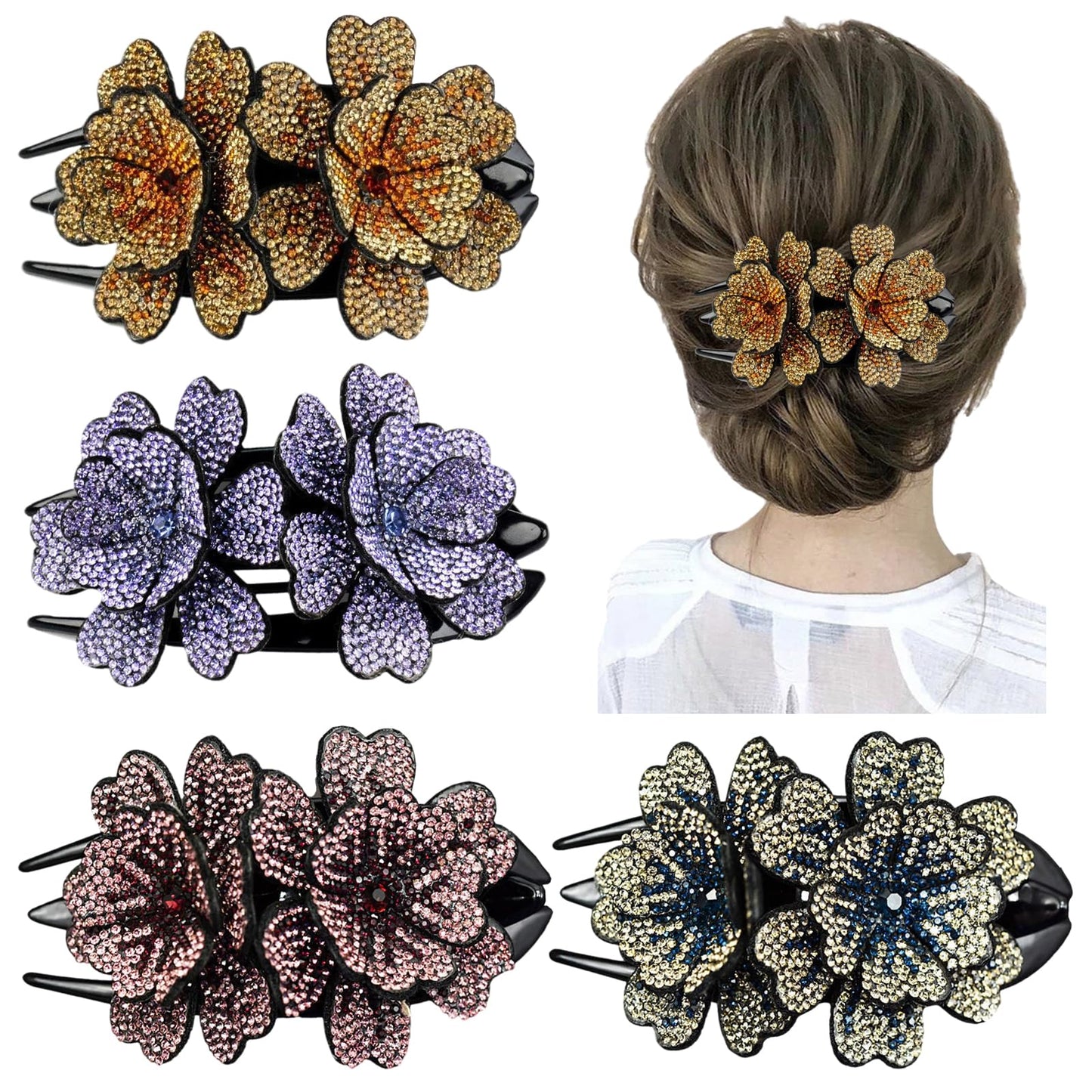 4 Pack of Fancy Crystal Rhinestone Double Flower Duckbill Clip Luxury Blingbling Gems Hair Clips for Women Thick Hair Decorative Non Slip Hair Clips Bun Hair Accessories Elegant Barrettes