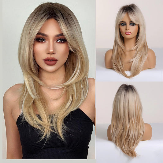 Tumhorn Women Long Ombre Blonde Wigs with Bangs 24 Inch Charming Curly Wavy Wigs Natural Looking Synthetic Layered Wig for Daily Party Use