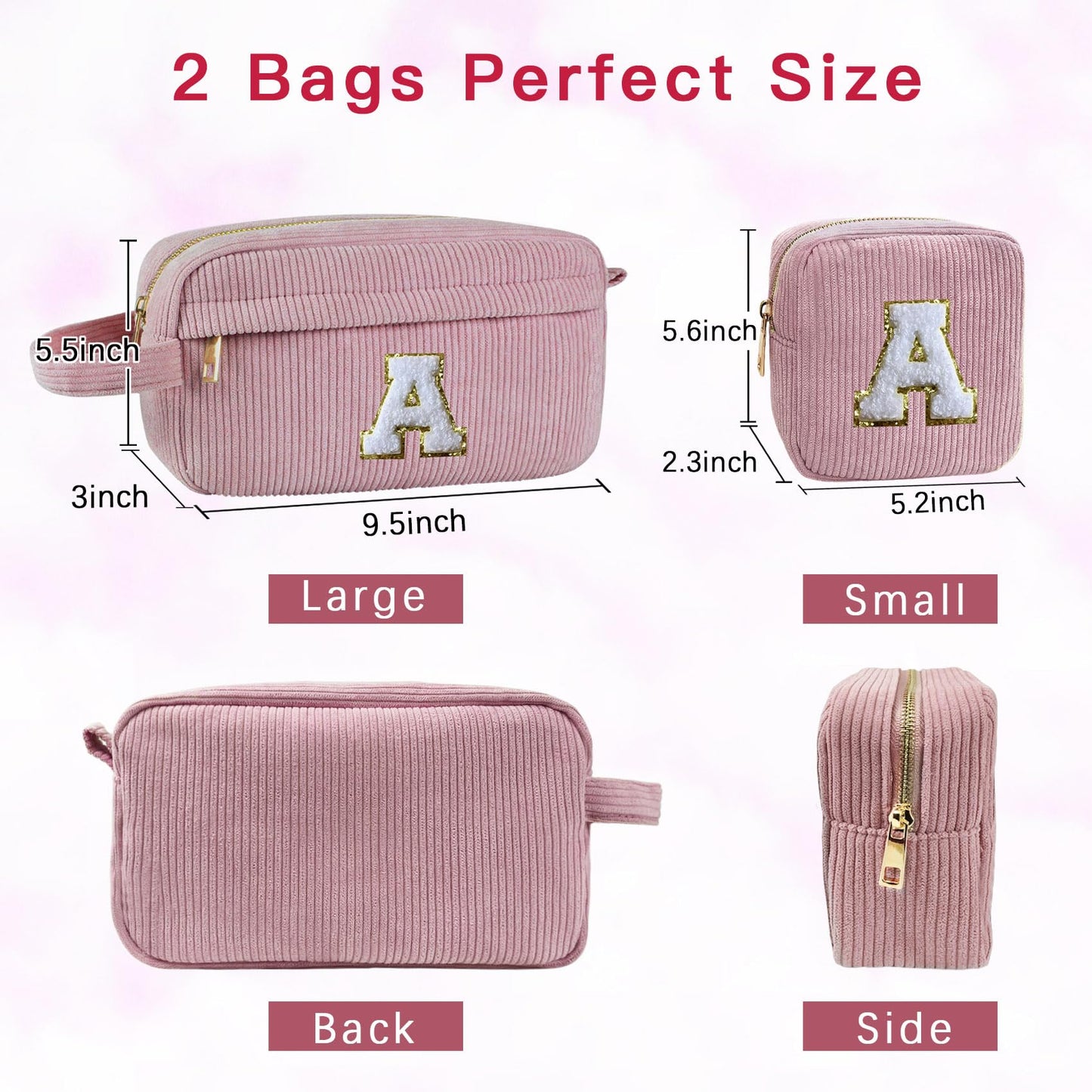 Aganmi Makeup Bag,2Pieces Cosmetic Bag Preppy Small Travel Toiletry Pouch Personalized Storage Bag Chenille Initial Large Hygiene Organizer Case for Christmas Thanksgiving Gifts(Pink D)