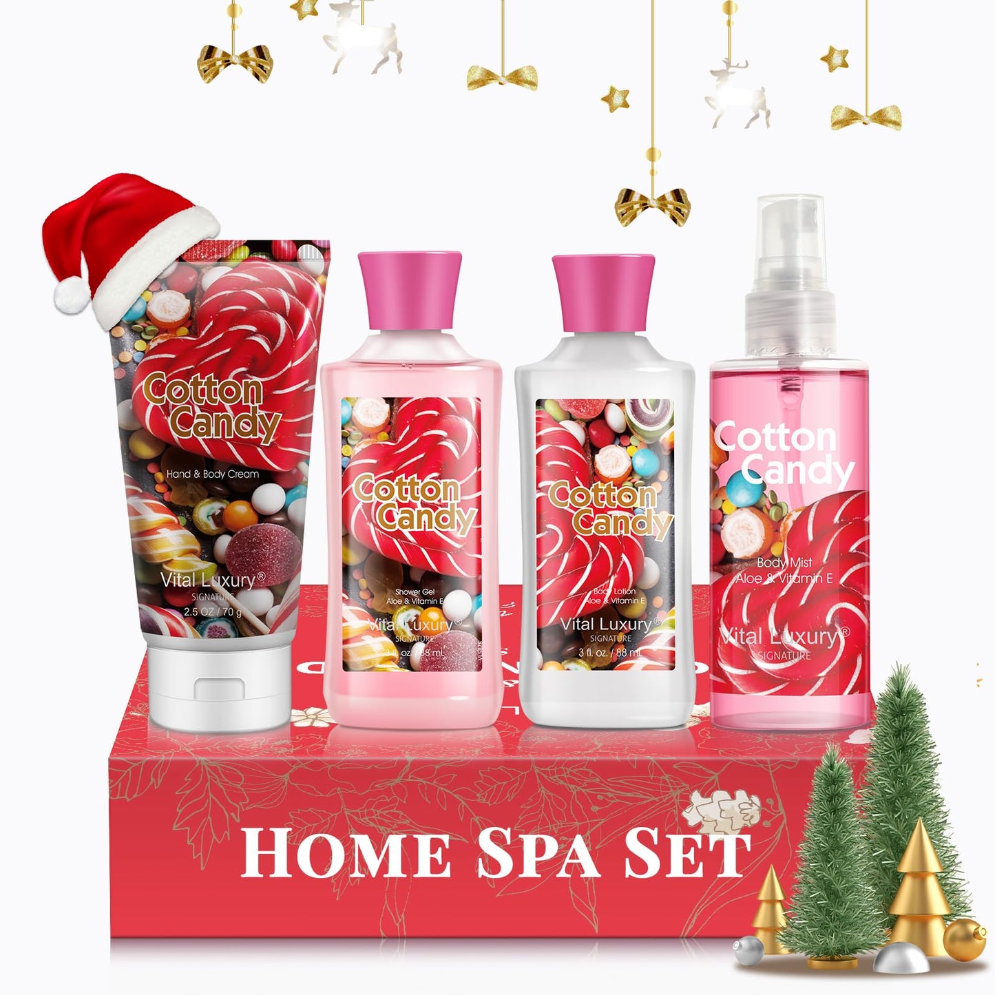 Vital Luxury Cotton Candy Bath & Body Kit - 3 Fl Oz, Ideal Skincare Gift Home Spa Set Including Body Lotion, Shower Gel, Body Cream, and Fragrance Mist - Perfect Christmas Gifts for Her and Him