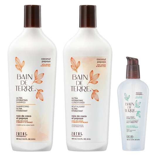 Bain de Terre Ultra Hydrating Shampoo and Conditioner Set & Shine Serum | Coconut Papaya | Hydrates Overly Dry | Damaged Hair | Paraben Free | Color-Safe | 13.5 Fl Oz