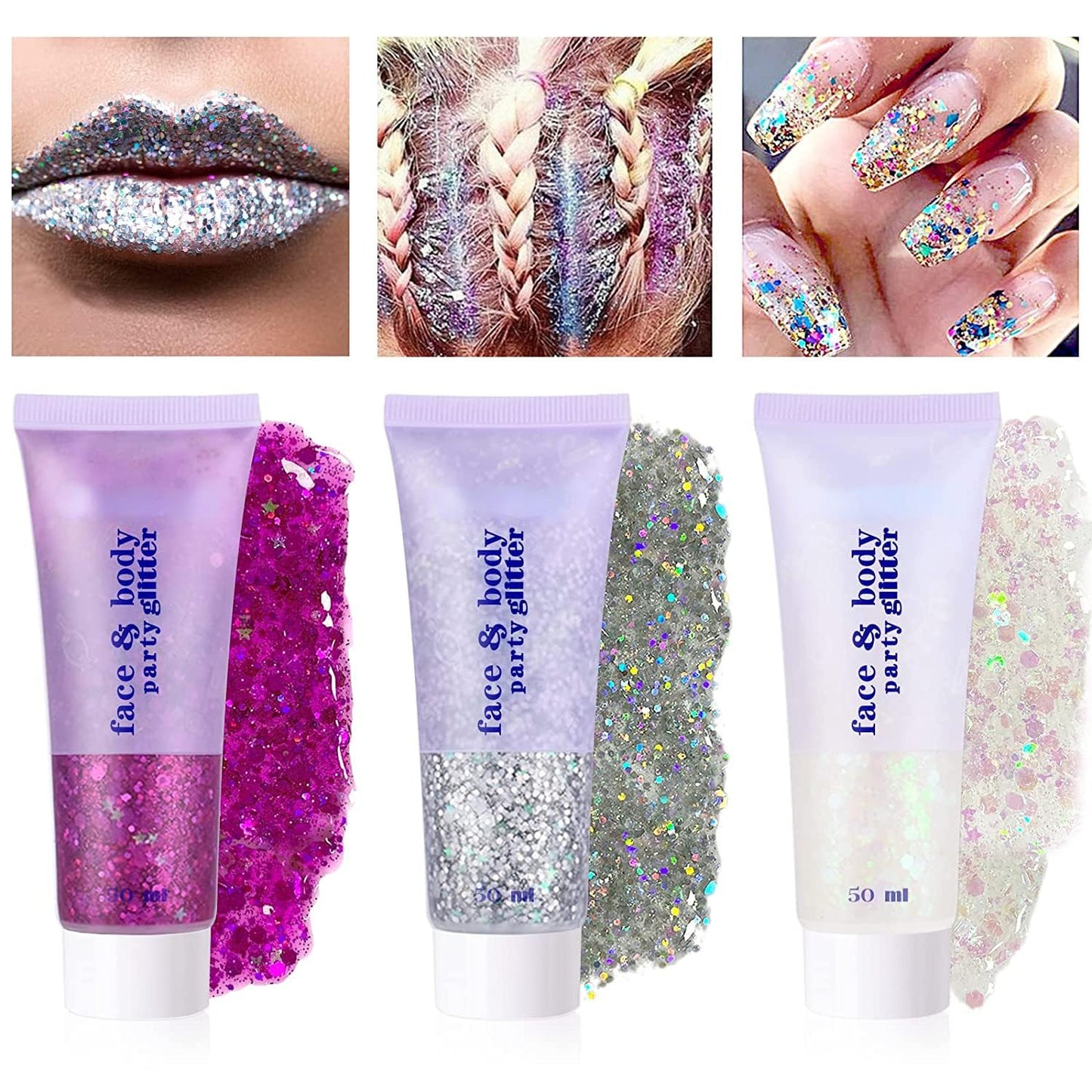 2 Pcs Face and Body Glitter, Concert Outfit Glow Party, Nail and Hair Glitter Festival Rave Highlighter Makeup. (02-Gold & 06-White Moonbeam)