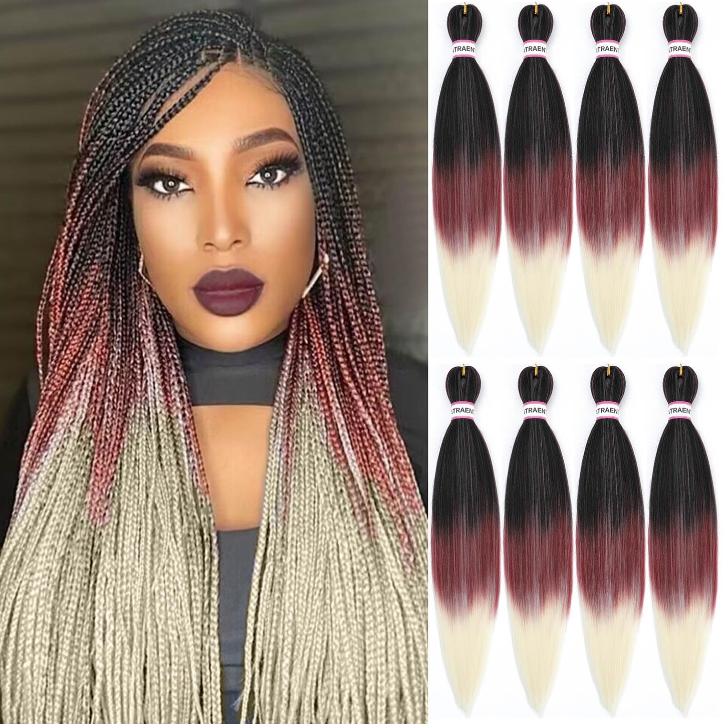 Pre Stretched Braiding Hair 8 Packs - 20 Inch Ombre Braiding Hair,Three Tone Yaki Texture Prestretched Crochet Braids Hair, Synthetic Hair Extension Itch Free Hot Water Setting (20 Inch, 1B/red/613)