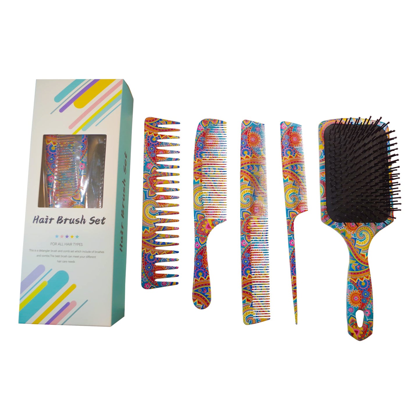 The Oriental Hair Brush and Comb Set by BeaverStrong - Far East All Purpose Large Paddle Brush and Combs Kit for Men and Women (5-Pack)