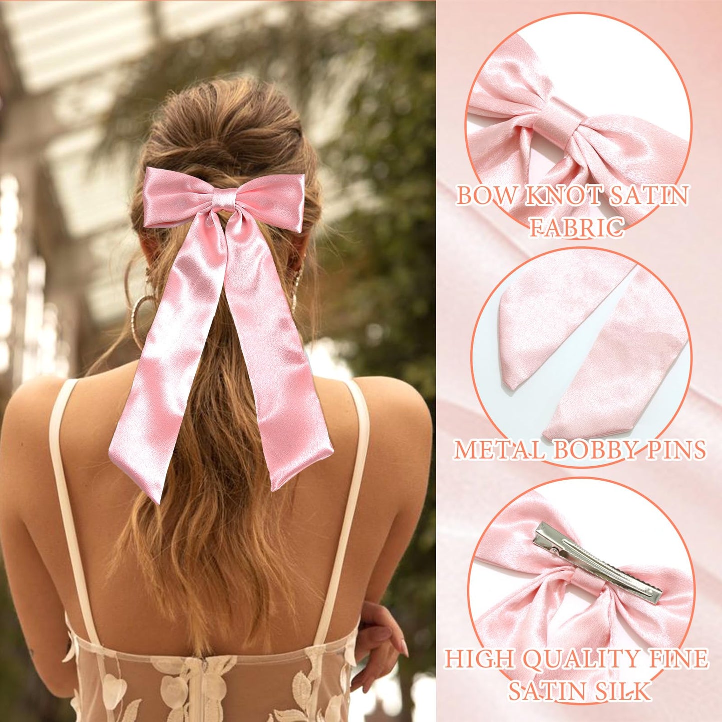 SAWINDA Bow Hair Clips with Long Tail Pink White Hair Ribbon Bows for Women, Big Bowknot Hair Barrette for Girls Wedding Prom Daily Outfits Tassel Claw Hair Clip Hair Accessories(2PCS-Pink&White)