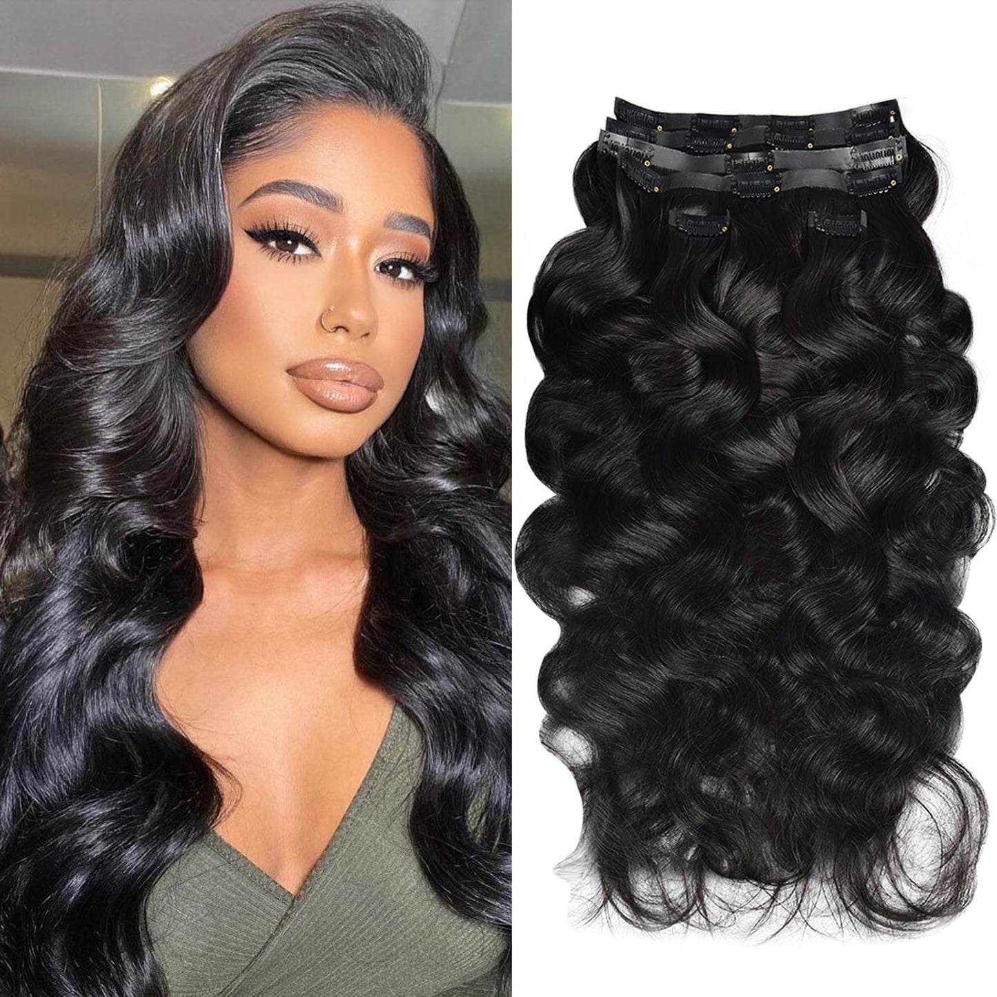 Clip in Hair Extensions Real Human Hair for Women 110g 6pcs Seamless Clip in Hair Extensions Body Wave 10A Brazilian Human Hair Extension Soft PU Weft Clip On Hair Extensions #1B Natural Black 20 Inch