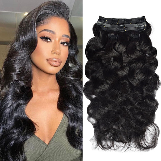 Clip in Hair Extensions Real Human Hair for Women 110g 6pcs Seamless Clip in Hair Extensions Body Wave 10A Brazilian Human Hair Extension Soft PU Weft Clip On Hair Extensions #1B Natural Black 20 Inch