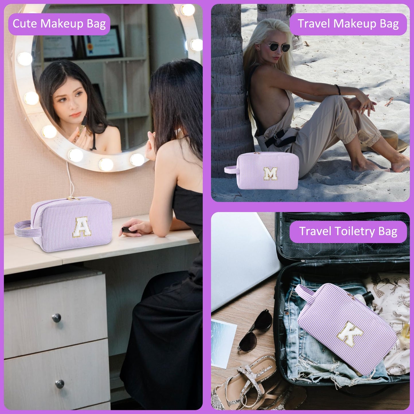 Huifen Personalized Initial Makeup Bag A-Z, Travel Toiletry Bag Cute Makeup Pouch Cosmetic Bag Preppy Make Up Bag Large Makeup Organizer Bags Birthday Gifts for Women Girls Friends (Purple, H)