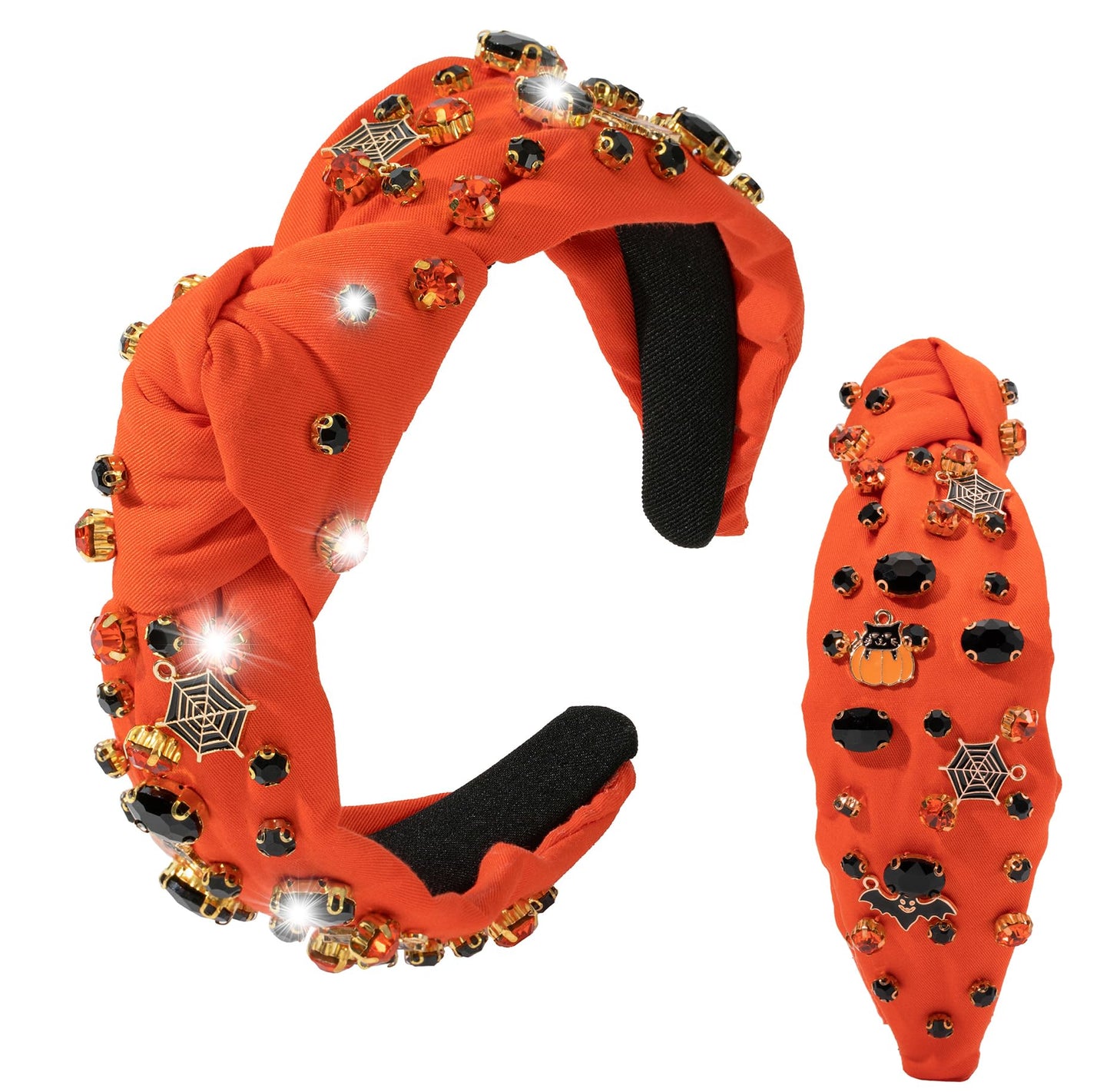 Halloween Headband for Women Halloween Spider Web Bat Crystal Embellished Mixed Top Hairband ladies Twist Wide Orange Hair Band Accessories Holiday Makeup Hair Hoop Gifts(Halloween-orange web)