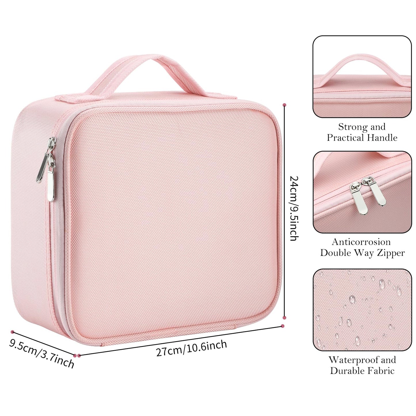 DROWIN Pink Makeup Bag with Mirror, Makeup Bags for Women, Travel Makeup Train Case, Makeup Organizer Bag, Adjustable Dividers & Support Straps, Portable Storage Bag for Makeup Brushes Toiletry