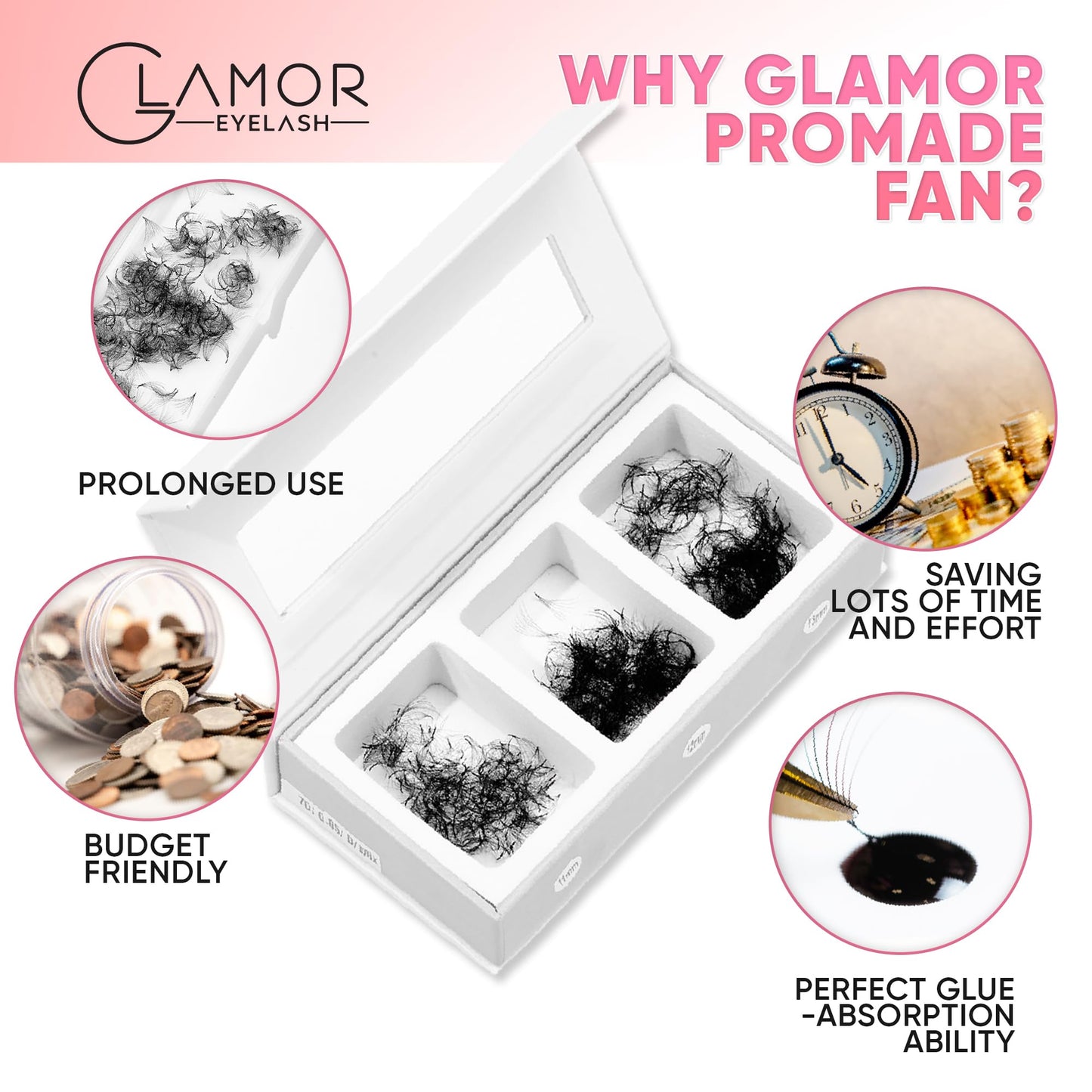 GLAMOREYELASH 750 Promade Fans Loose Mix, Natural Eyelashes Extensions 3D-16D, Handmade Individual Lashes 0.03/0.05/0.07mm Thickness, C CC D, 8-16mm Length for Fluffy Eyelash Cluster (7D-0.05-C, 14-15-16mm)