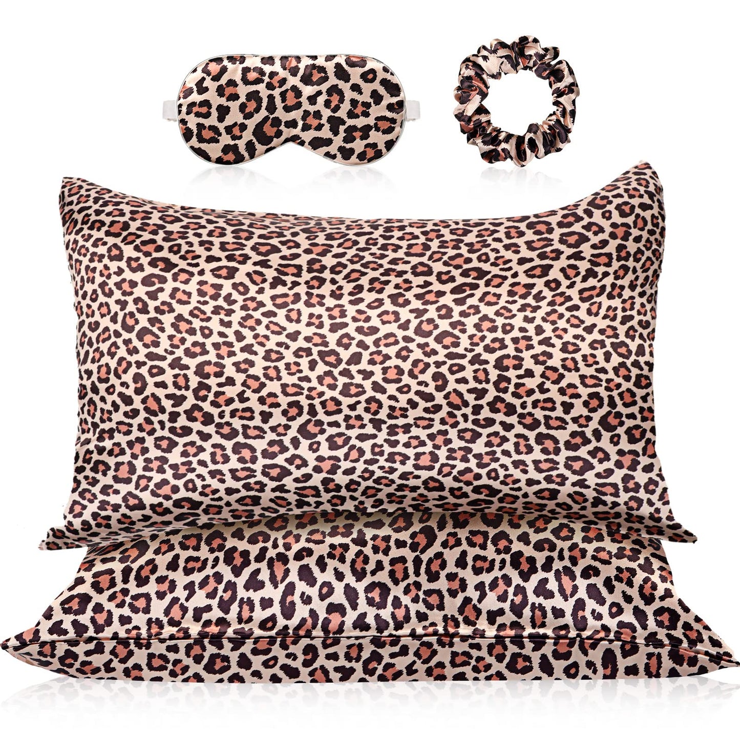 2 Pack Satin Pillowcase with Latent Zipper, Adjustable Satin Eye Mask for Sleeping and Satin Volume Scrunchie for Hair and Skin, Standard Size (Brown,Leopard Style)