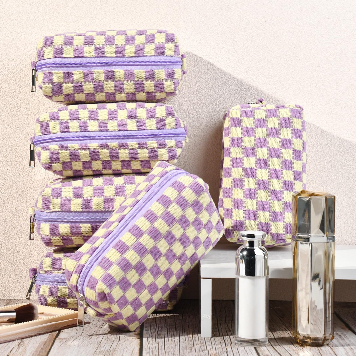 SOIDRAM Checkered Makeup Bag Preppy Cosmetic Bag Bulk Purple Makeup Pouch Personalize Travel Toiletry Bag Organizer Cute DIY Makeup Brushes Storage Bag for Women