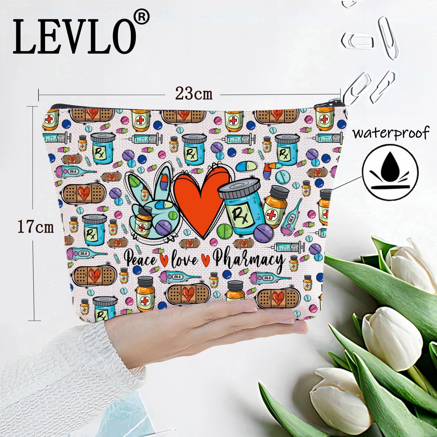 LEVLO Pharmacist RX Cosmetic Make up Bag Pharmacy Technician Gift Peace Love Pharmacy Makeup Zipper Pouch Bag For Graduation Birthday (Peace Pharmacy Full)