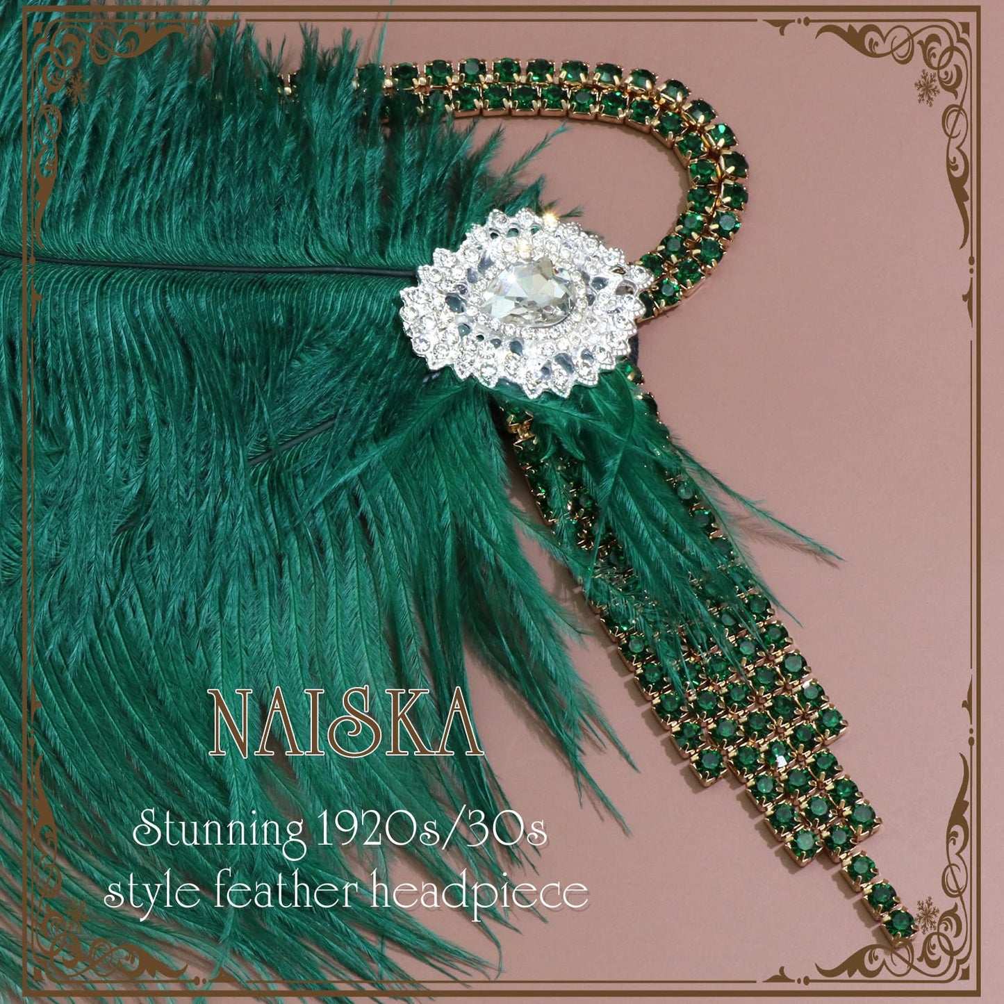 NAISKA 1920s Flapper Feather Headbands Great Gatsby Green Rhinestone Tassel Headpiece Vintage Roaring 20s Hair Band Accessories for Women and Girls