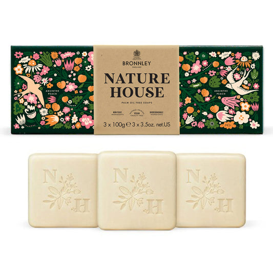 Bronnley England Absinthe Peach Bar Soaps, Three Triple Milled, Palm Oil-Free, Vegan Soap Bars, Gift Soaps Boxed in Plastic-Free Recyclable Packaging, Three, 3.5oz Bar Soaps