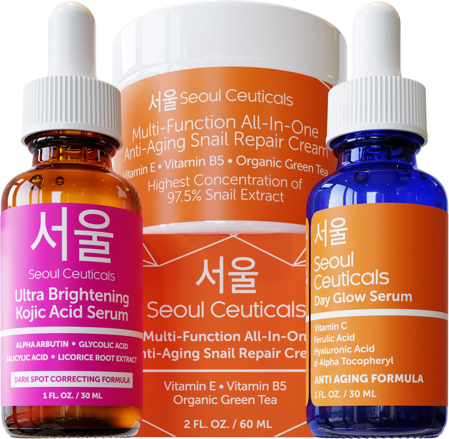 SeoulCeuticals Korean Kojic Acid Serum + Vitamin C Serum + Snail Mucin Cream - Potent K Beauty Anti Aging