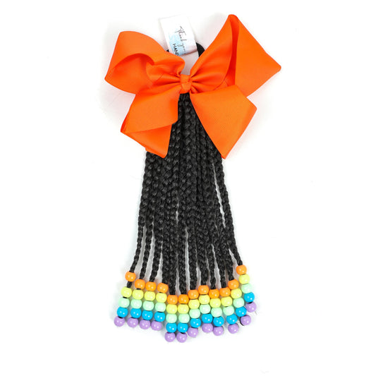 Kids Ponytail With Beads Braids Hair Extension Detachable Synthetic Curly Hairpieces With Bows Halloween Hair Accessories For Girls Toddlers Children Gift (Box-9inch, Rainbow Beads)