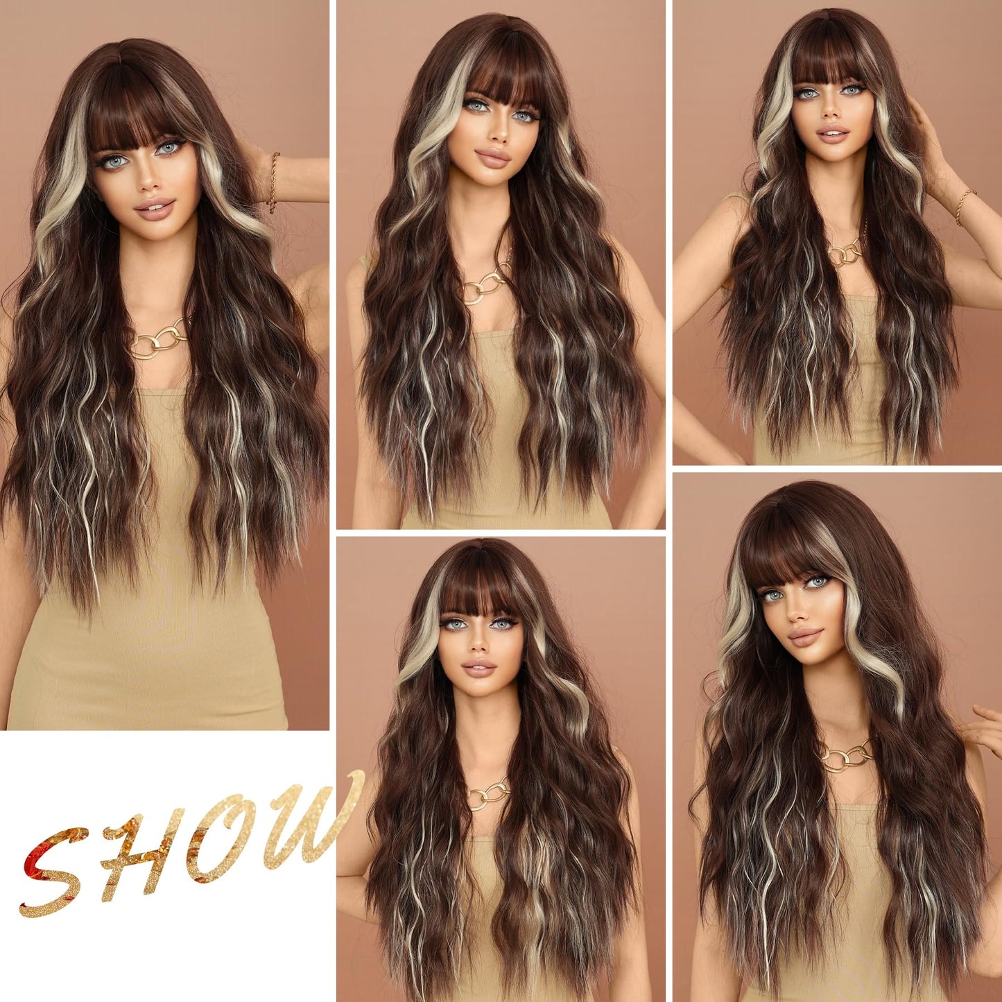 7JHH WIGS Long Curly Brown Wigs with White Blonde Highlight Wigs Natural Heat Resistant Fibre Wet Wave Chocolate Brown Ombre Platinum Women Wigs for Holiday Festival Chrismas Daily Party Daily Used