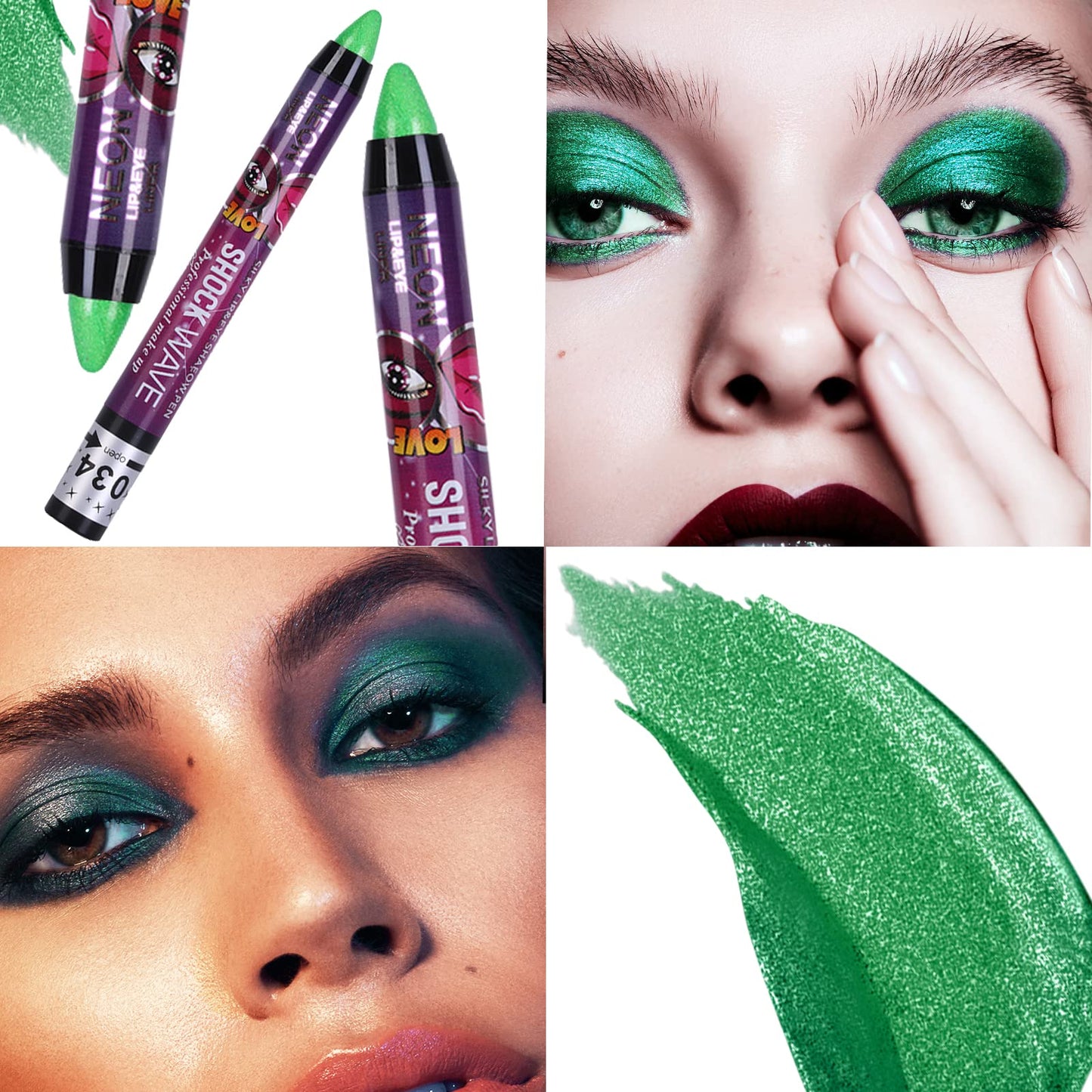 MEICOLY Green Eyeshadow Stick,Metallic Shimmer Crayon Eye Makeup,Green Eye Shadow Eye Makeup,Green Glitter Eyeshadow,Waterproof & Long Lasting Shiny Bright Rotating Eye Shadow Sticks,2 Pcs