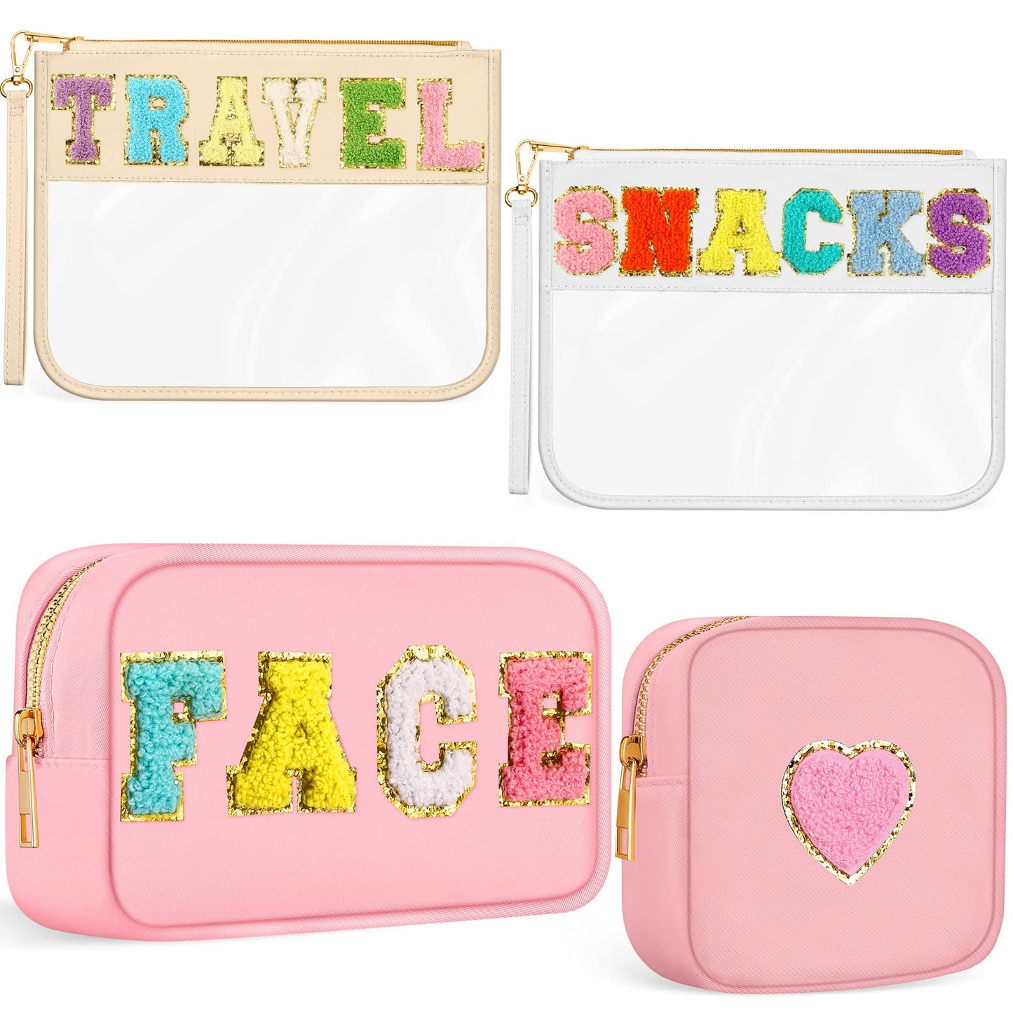 Amylove 4 Pcs Chenille Letter Bag Preppy Nylon Cosmetic Bag Varsity Letter Patches Makeup Travel Bag Makeup Pouch Clear Zipper Toiletry Bag Organizer for Women Girls Beach Travel (Pink Face)