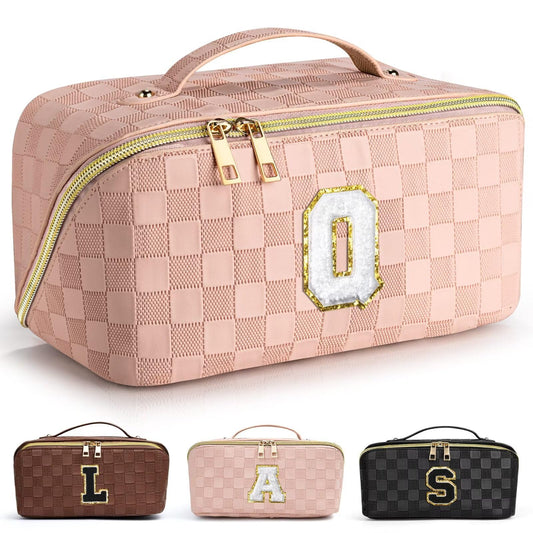 TOPEAST Gifts for Friends Female Mom, Travel Makeup Bag Large Capacity Cosmetic Bag Checkered Pu Leather Toiletry Bag, Personalized Birthday Gift Wedding Bridal Shower Gift for Bridesmaids, Q