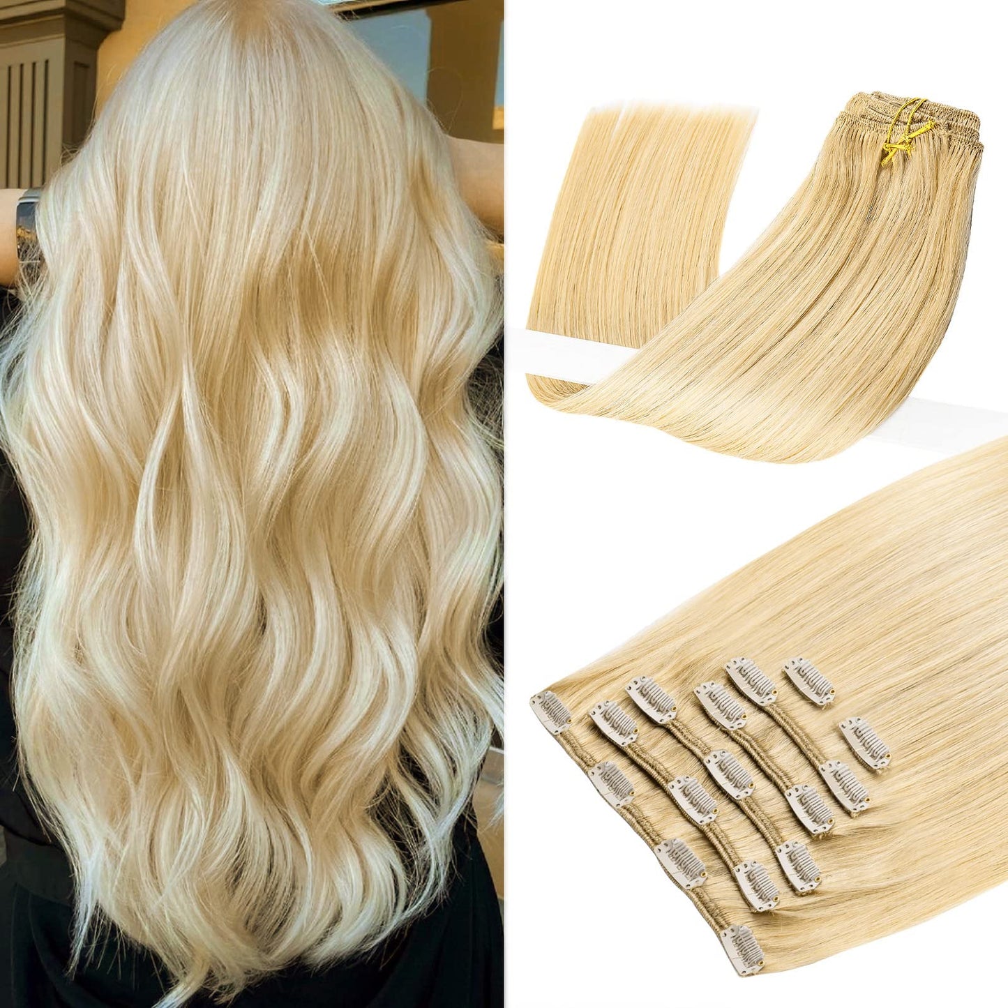 PurFashion Clip in Hair Extensions Human Hair, Color 613 Bleach Blonde Soft Hair Extensions, 70g/package 100% Real Remy Human Hair