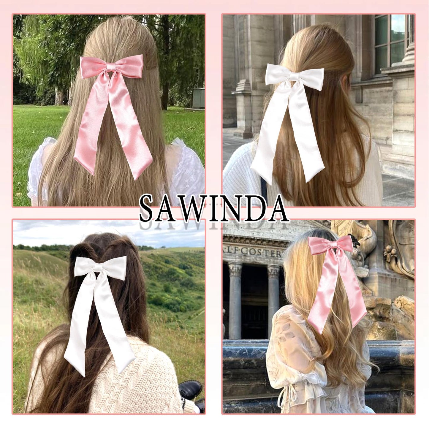 SAWINDA Solid Silky Satin Hair Bows for Women Wedding Party Pink Bow Hair Ribbon Clip with Long Tail White Hair Ribbon Ponytail Holder Accessories Slides Metal Clips Hair Bow for Women Girls