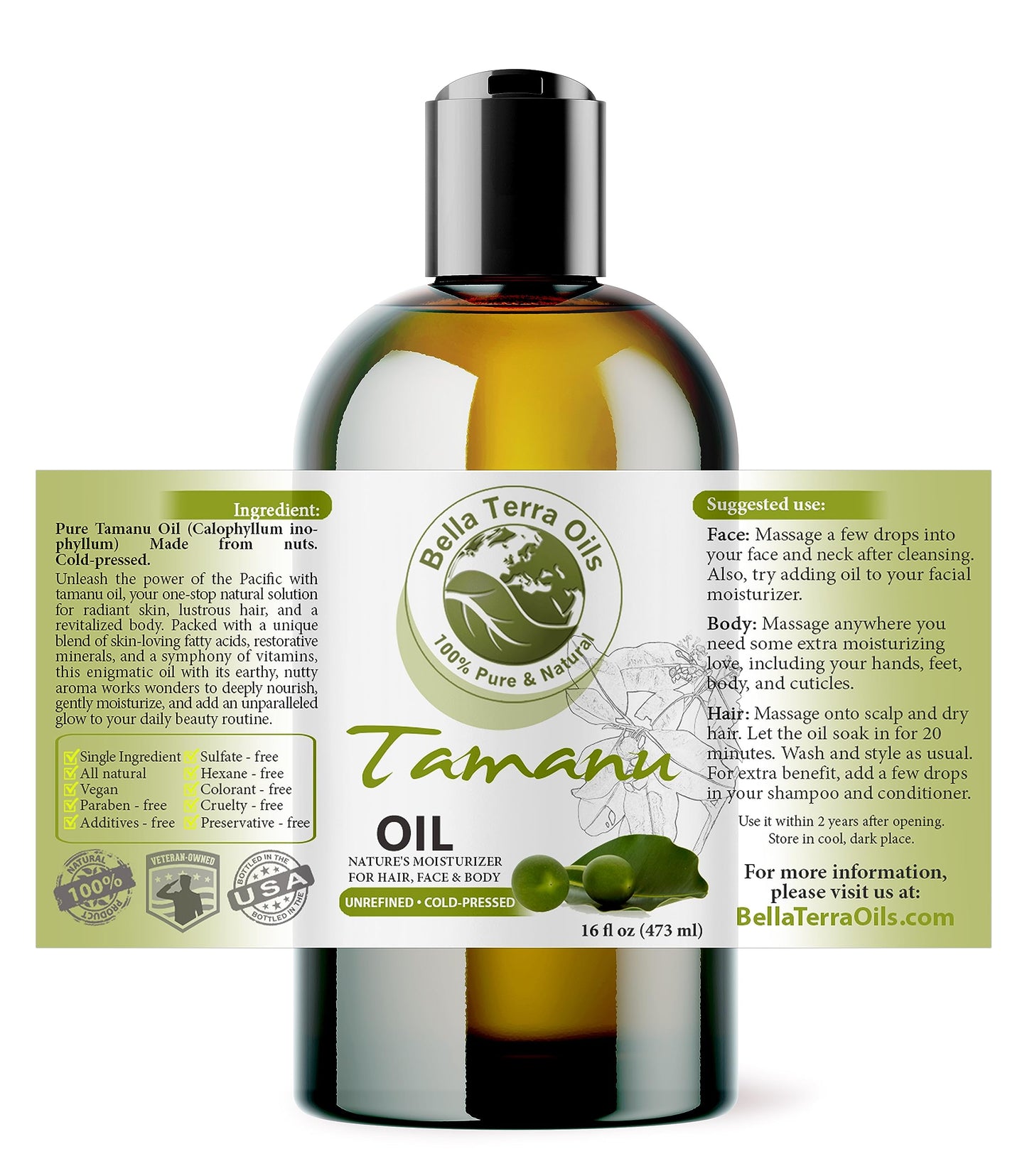 Bella Terra Oils - Organic Tamanu Oil 16oz - Experience Nature's Elixir, Abounding with Nutrients & Vitamins, Superior Choice for Radiant Skin