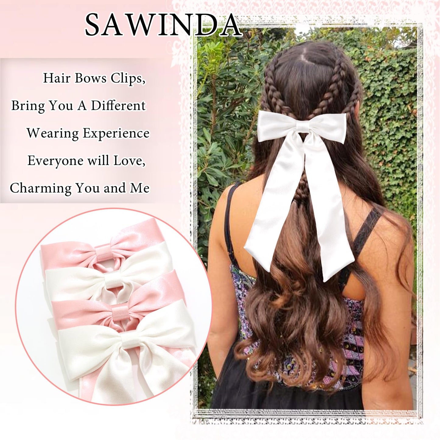 SAWINDA Solid Silky Satin Hair Bows for Women Wedding Party Pink Bow Hair Ribbon Clip with Long Tail White Hair Ribbon Ponytail Holder Accessories Slides Metal Clips Hair Bow for Women Girls