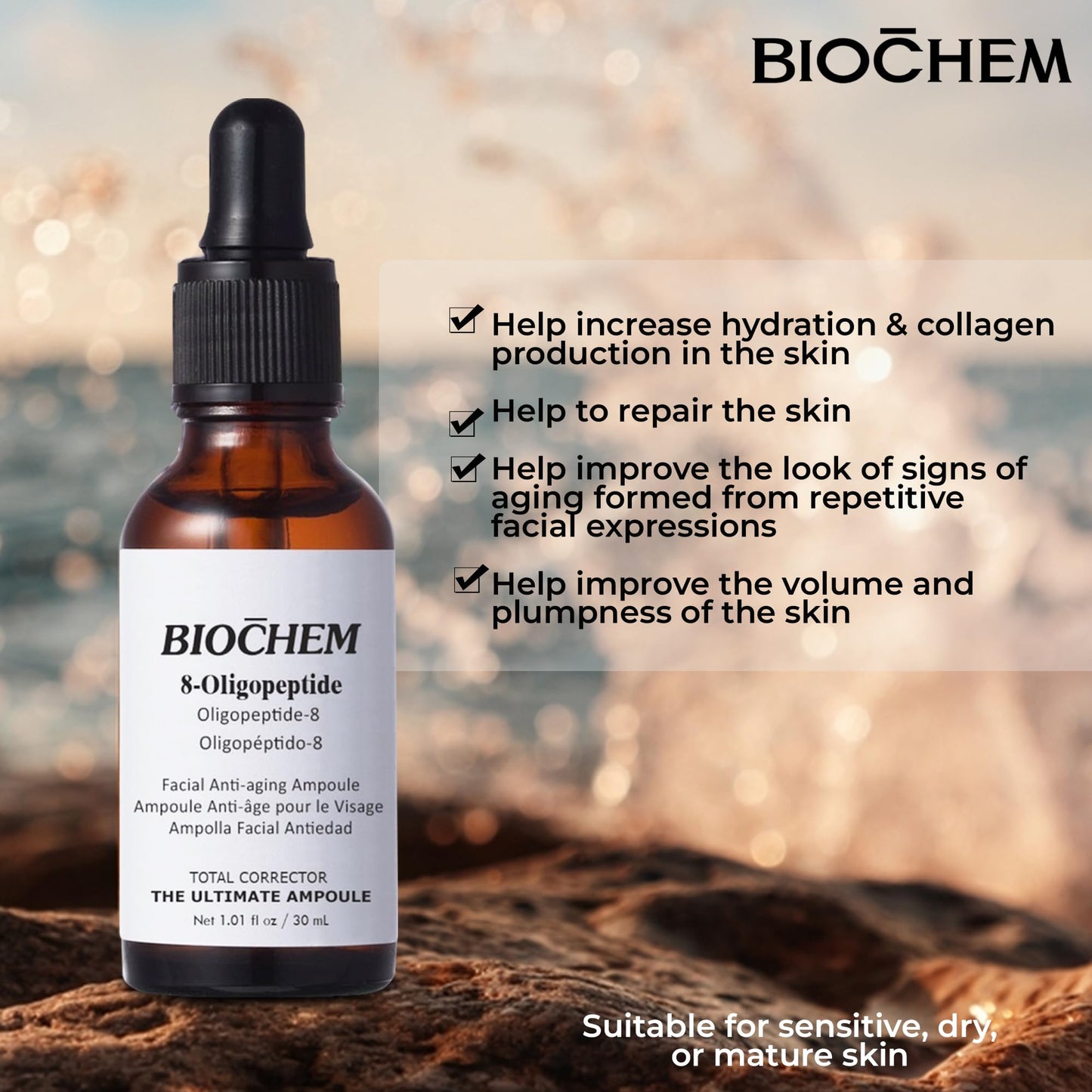 BIOCHEM 8-Oligopeptide Facial Anti-Aging Ampoule - 1.01 fl. oz / 30 ml, Wrinkle Reduction & Skin Firming Ampoule for Hydrating & Lifting