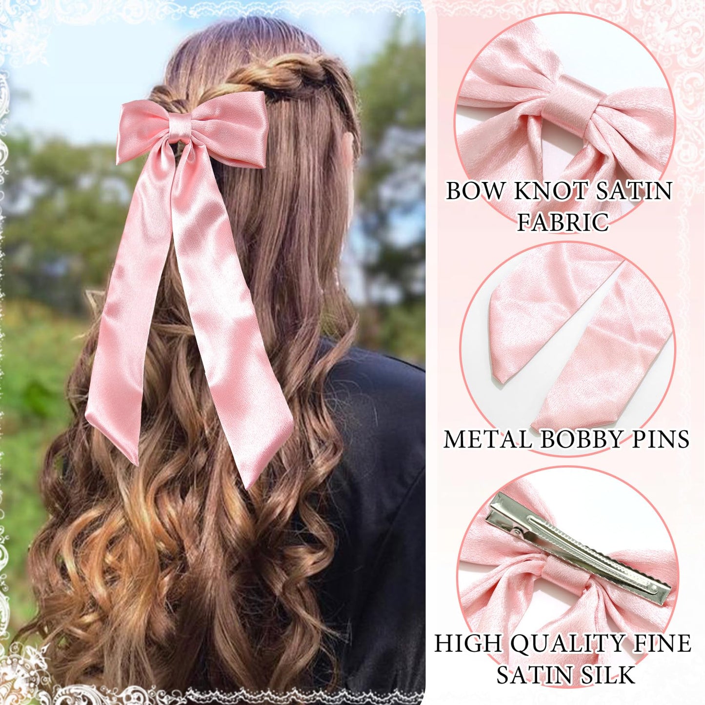 SAWINDA Solid Silky Satin Hair Bows for Women Wedding Party Pink Bow Hair Ribbon Clip with Long Tail White Hair Ribbon Ponytail Holder Accessories Slides Metal Clips Hair Bow for Women Girls