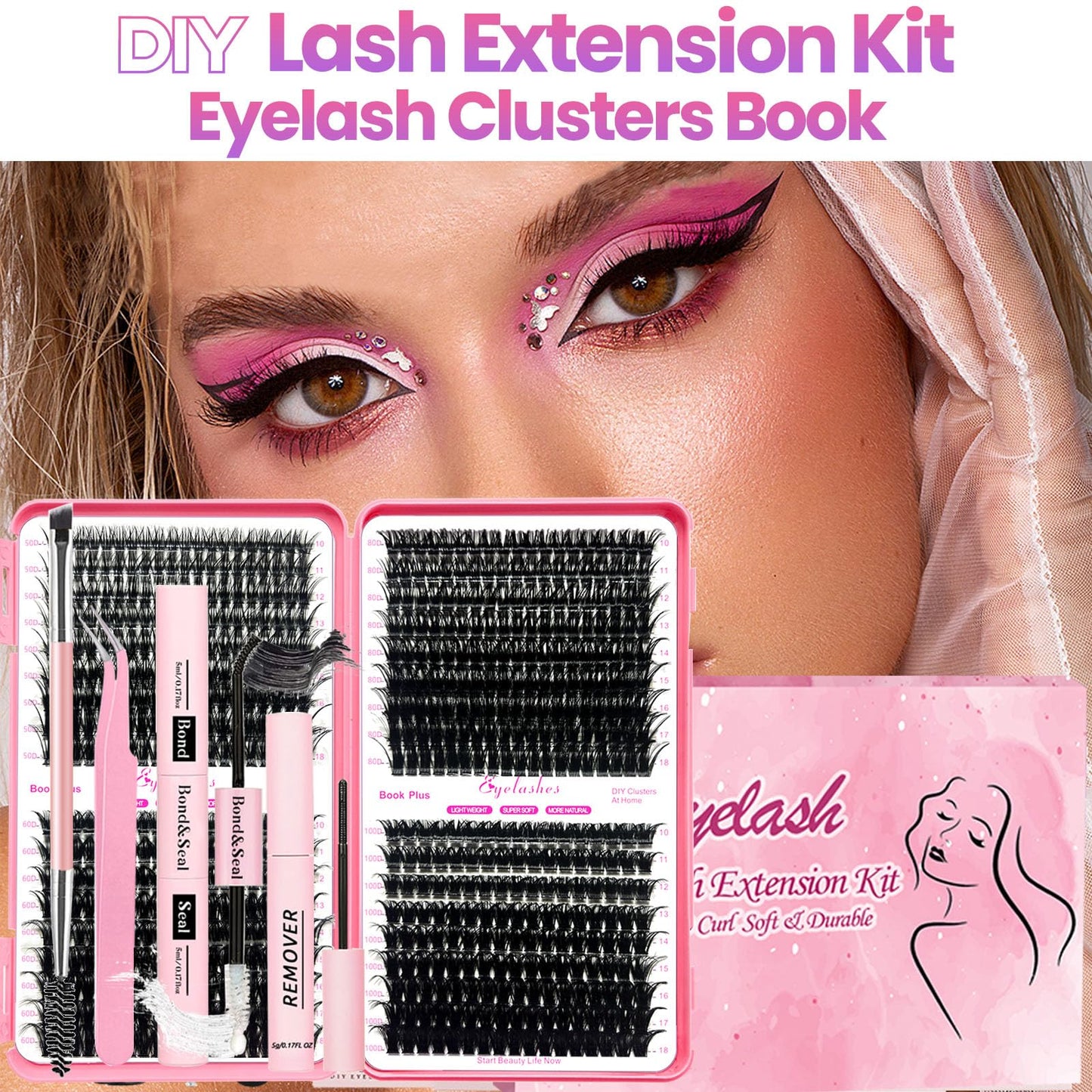 Qiveaory DIY Lash Extension Kit 684pcs Individual Lashes Clusters D Curl Eyelash Extension Kit with Lash Bond and Seal,Eyelash Remover Tweezers Brush(10-18mm,50D+60D+80D+100D) Lash Books DIY at Home