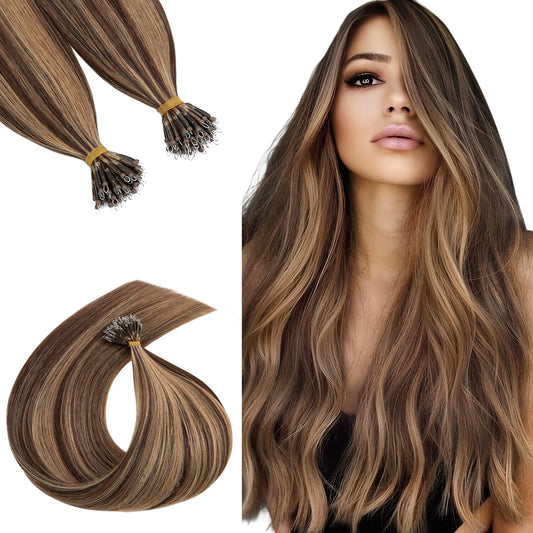 Nano Bead Hair Extensions Human Hair 20 Inch Nano Ring Hair Extension 100% Real Human Hair, Natural Can be Washed Curled Dyed Permed, 50 Strands 50g #4P27 Medium Brown & Dark Blonde