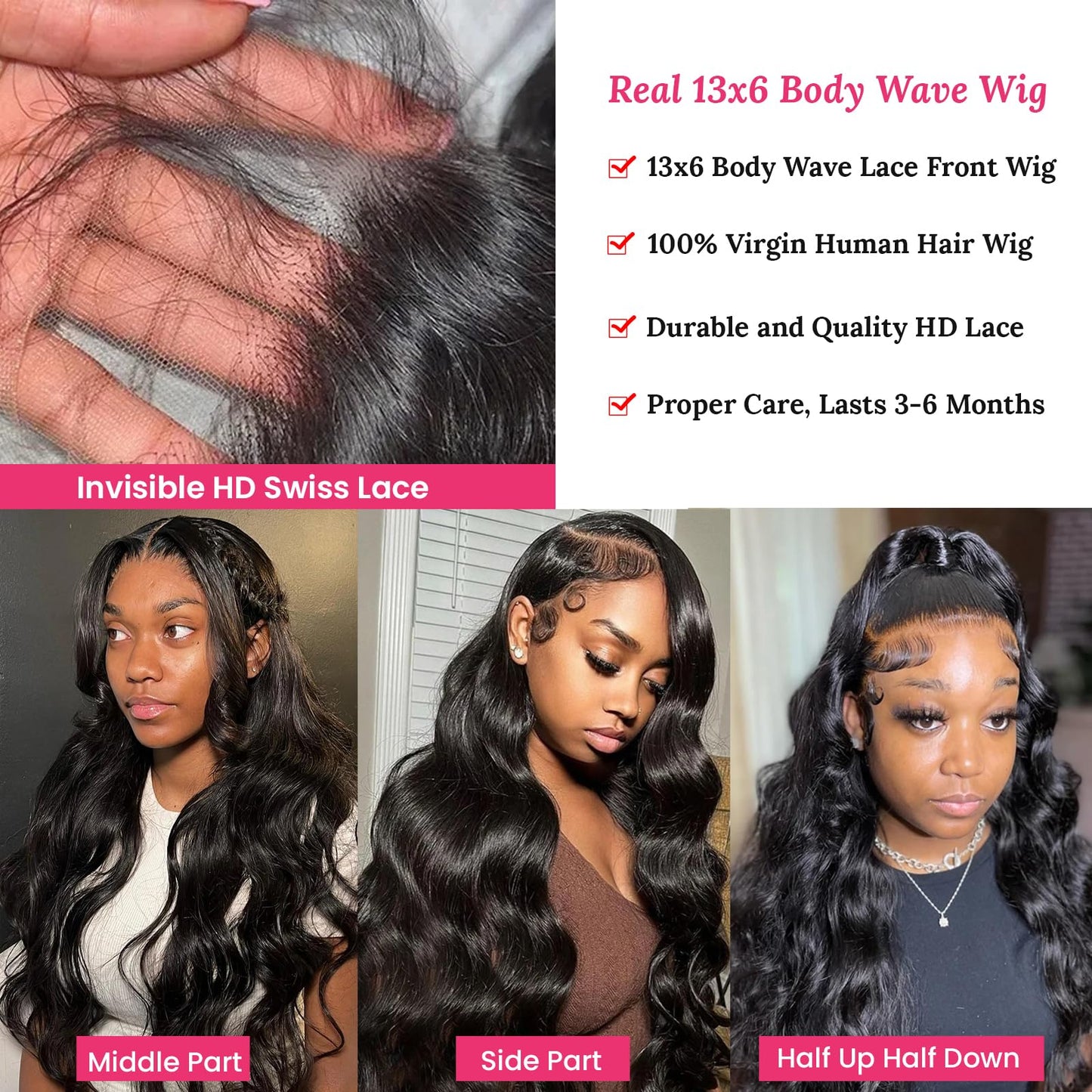 Body Wave Lace Front Wigs Human Hair 13x6 HD Body Wave Human Hair Wig Natural Black Glueless Lace Frontal Wigs 20 Inch 150% Density Pre Plucked with Baby Hair