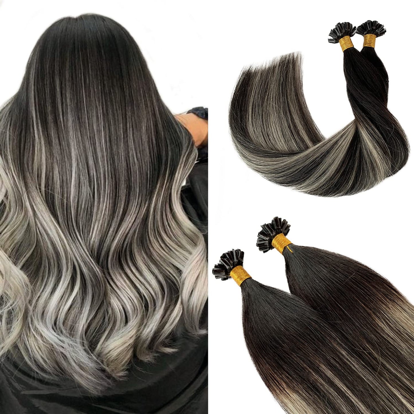 Balayage Utip Hair Extensions Human Hair, Black and Silver Utips Extensions Fusion Remy Human Hair, Natural Black to Silver Highlight Keratin Tip Extensions 50g 50s 20 Inch