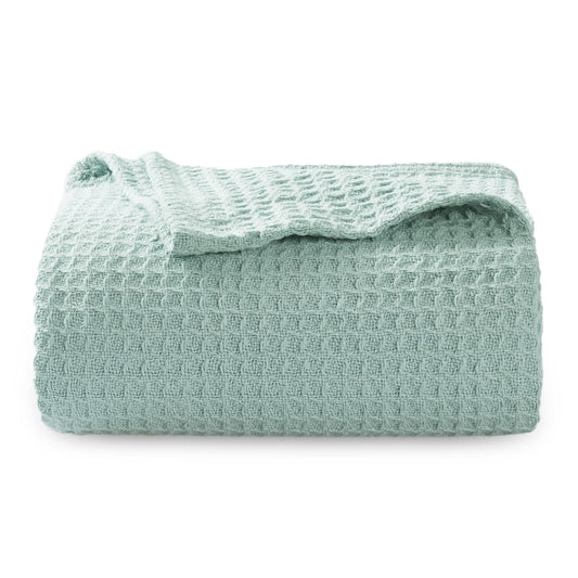 Bedsure 100% Cotton Blankets Twin XL Size for Bed - Waffle Weave Blankets for Summer, Lightweight and Breathable Soft Woven Blankets for Spring, Mint, 66x90 inches