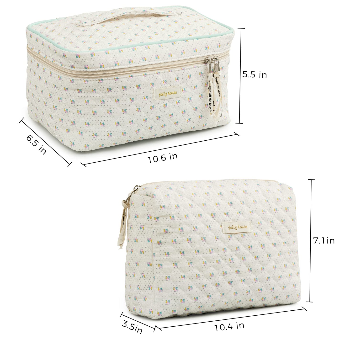 HBselect 2Pcs Cotton Quilted Makeup Bag Coquette Makeup Bag Large Travel Cosmetic Bag Aesthetic Cute Kawaii Floral Makeup Bag Toiletry Bags for Women Girls