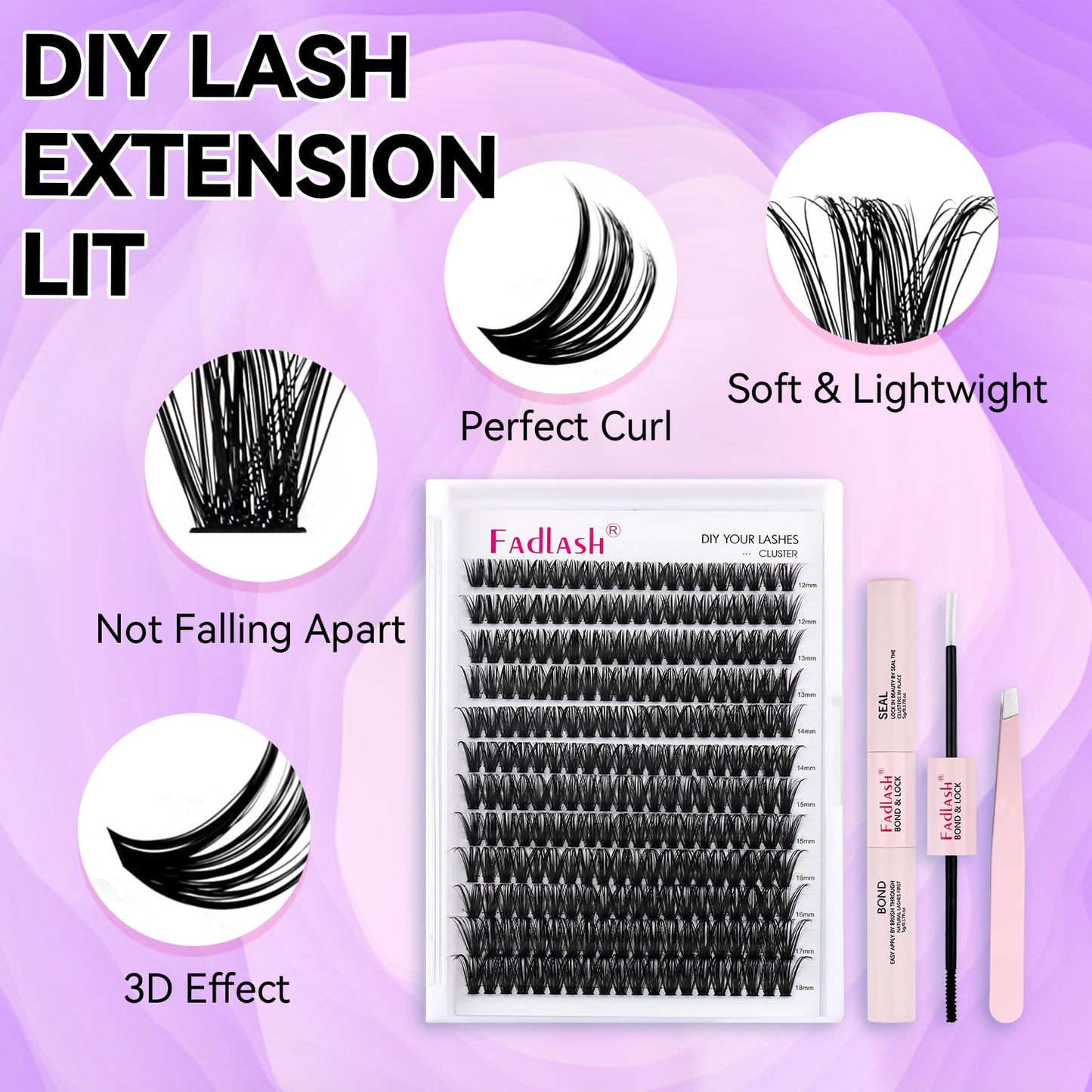 FADLASH DIY Lash Extension Kit Individual Lashes Cluster D Curl Eyelash Extension Kit with Lash Bond and Seal and Lash Applicator Tool for Self Application at Home (60D-0.07D-12-18MIX KIT)