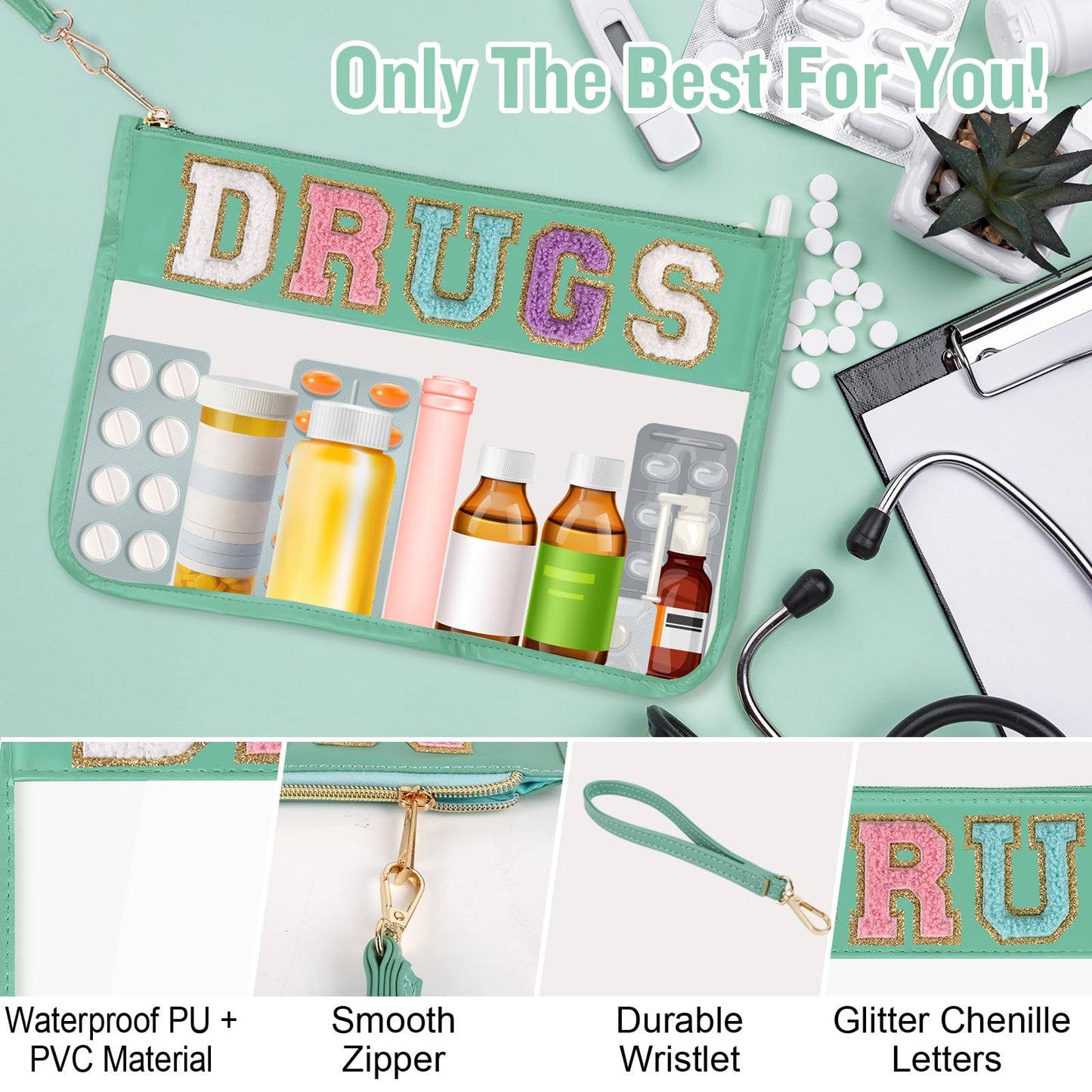 Chenille Letter Clear Bag DRUGS Purse Pouch, Monogram PVC & PU Meds Travel Bag Zipper Pouch with Wristlet, Waterproof Portable Glitter Preppy Cosmetic Pouch Toiletry Bag for Women Girls(DRUGS-Green)