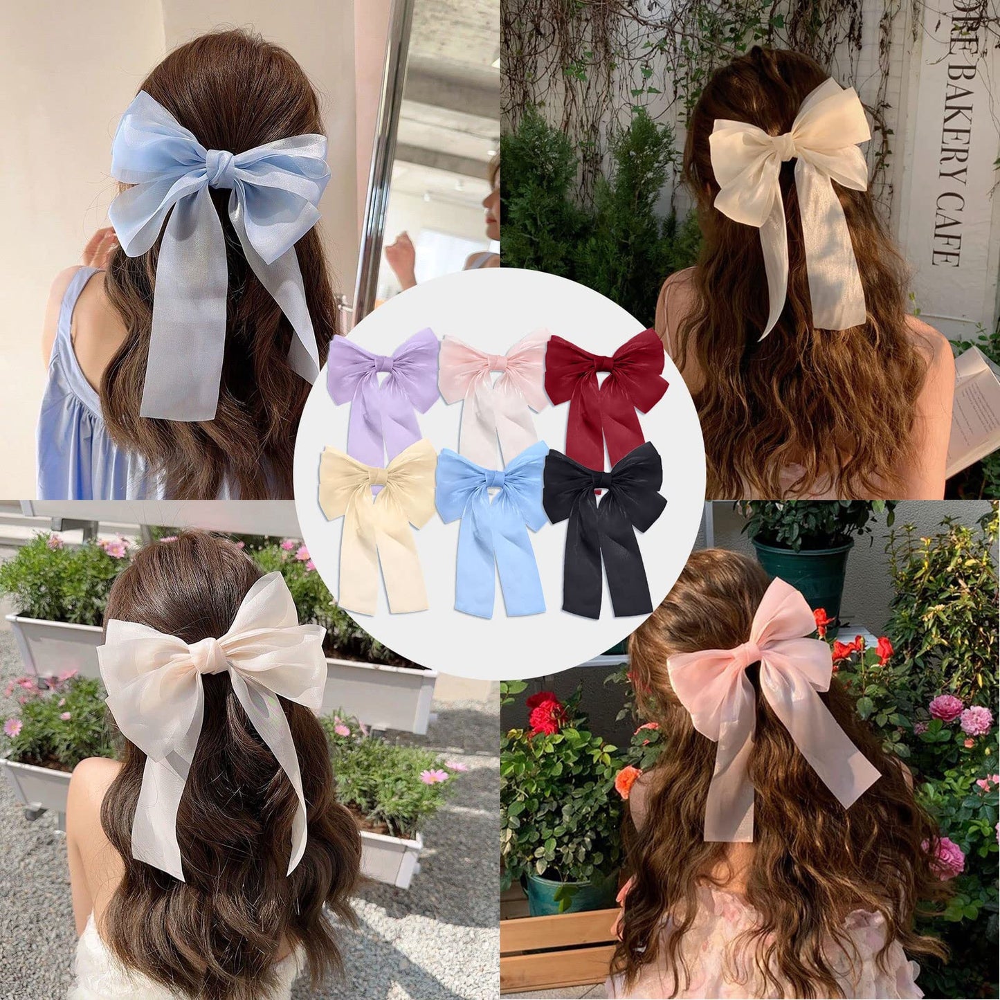 Loozykit 6PCS Silky Satin Hair Bow Clips for Women French Hair Ribbon for Girls Large Hair Barrettes Big Bowknot Hairpin Plain Soft Long Tail Cute Metal Holding Hair Accessories