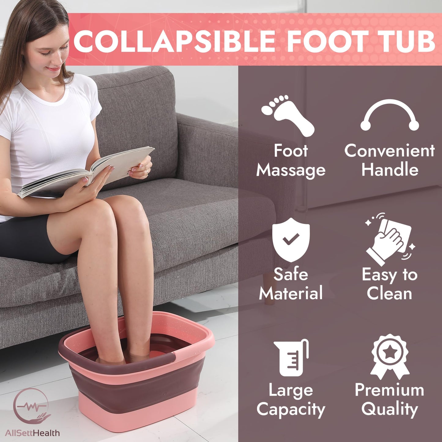 Collapsible Foot Bath – Advanced Foot Soaking Tub with Portable Design and Handle – Foldable Pedicure Foot Spa Bowl – Compact and Lightweight Foot Soak with Acupressure Points, Pink