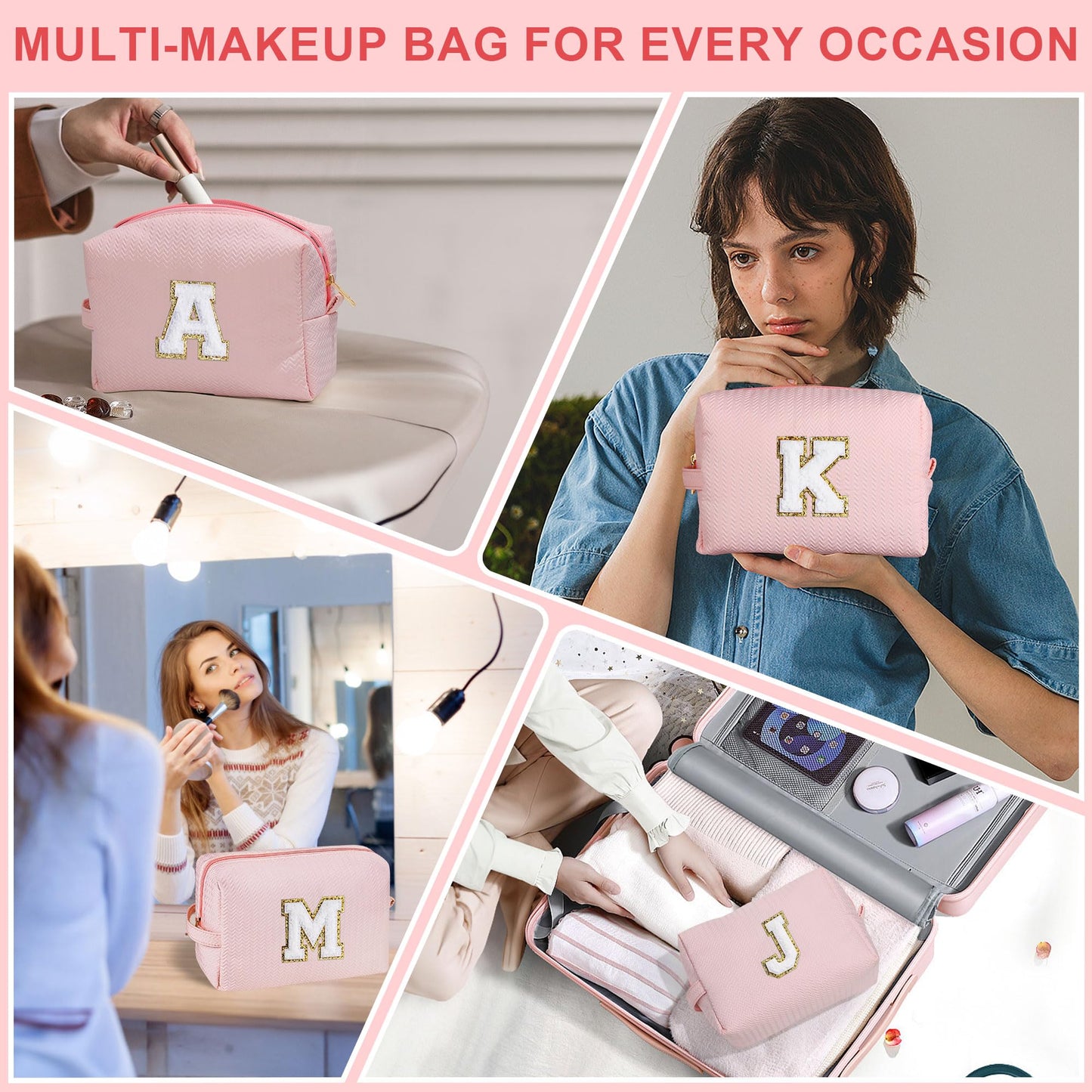 YOOLIFE Personalized Birthday Gifts for Women, Letter O Eachy Travel Pink Makeup Bag Organizer Make Up Bags for Women Cosmetic Bag Skincare Toiletry Bag Best Friends Birthday Gifts for Her Mom Teen