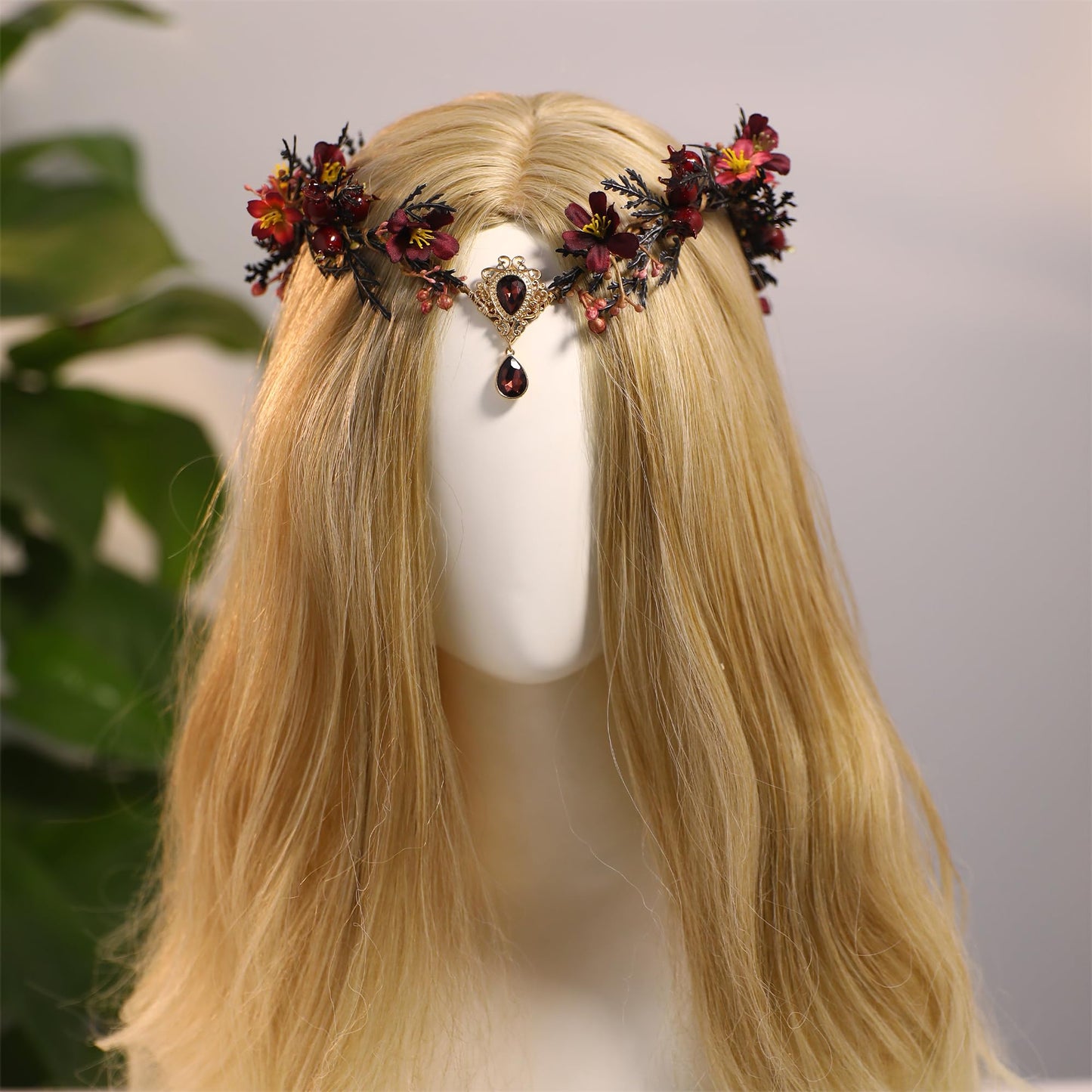 MOSTORY Dark Flower Fairy Crown - Handmade Elf Floral Headpiece Forest Crown Elven Circlet for Women Girls Cosplay Renaissance Carnival Masquerade Photo Shoot