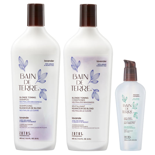 Bain de Terre Color Enhancing Shampoo and Conditioner Set & Shine Serum | Lavender | Neutralizes Brassy Tones for Color-Treated Hair | Paraben Free | Color-Safe | 10.1 Fl Oz